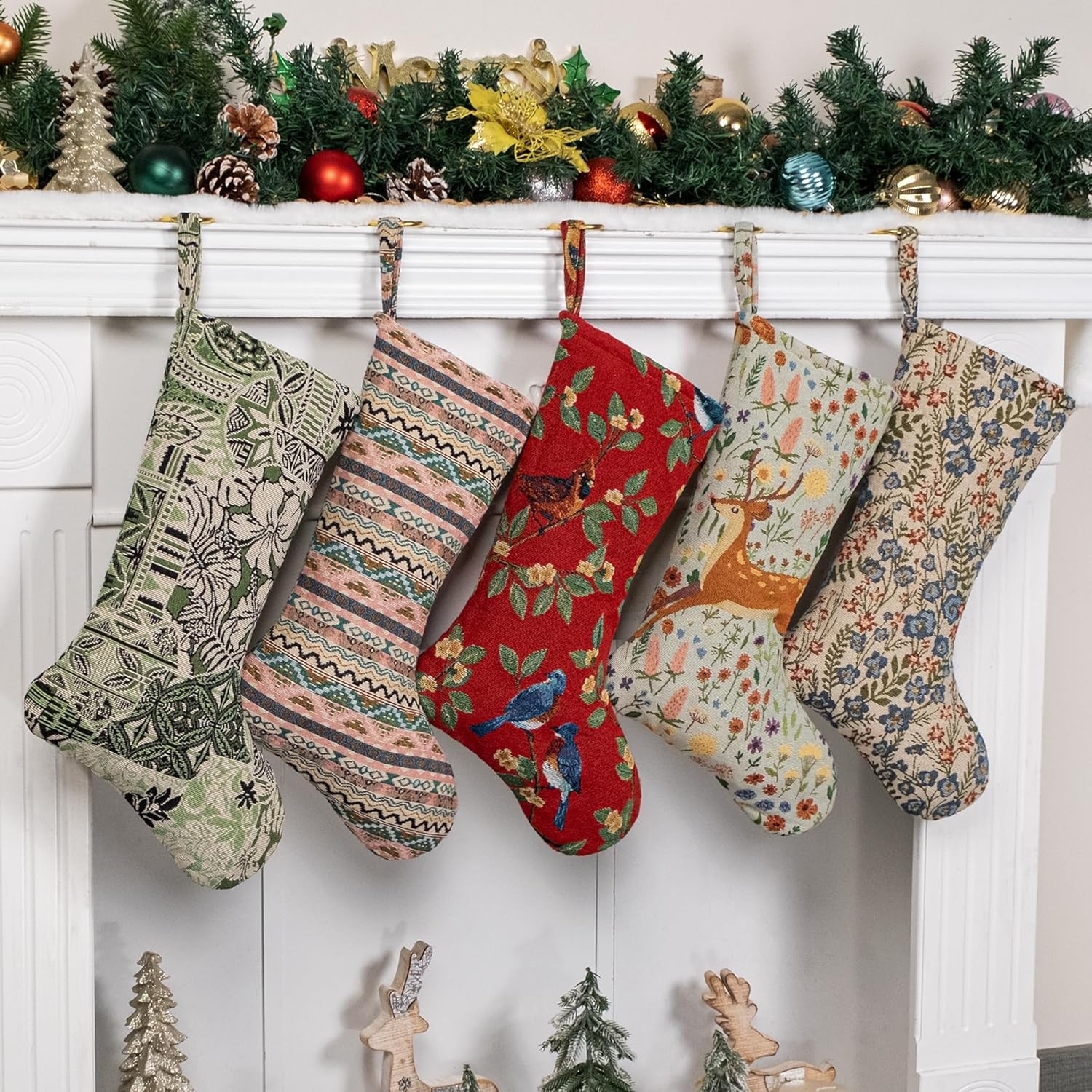 LUBOT Set of 8 Christmas Stocking(20inch) Silhouette Buffalo Red Plaid/Rustic/Farmhouse/Country Cotton Fireplace Hanging Xmas Stockings Decorations for Family Holiday Season Decor