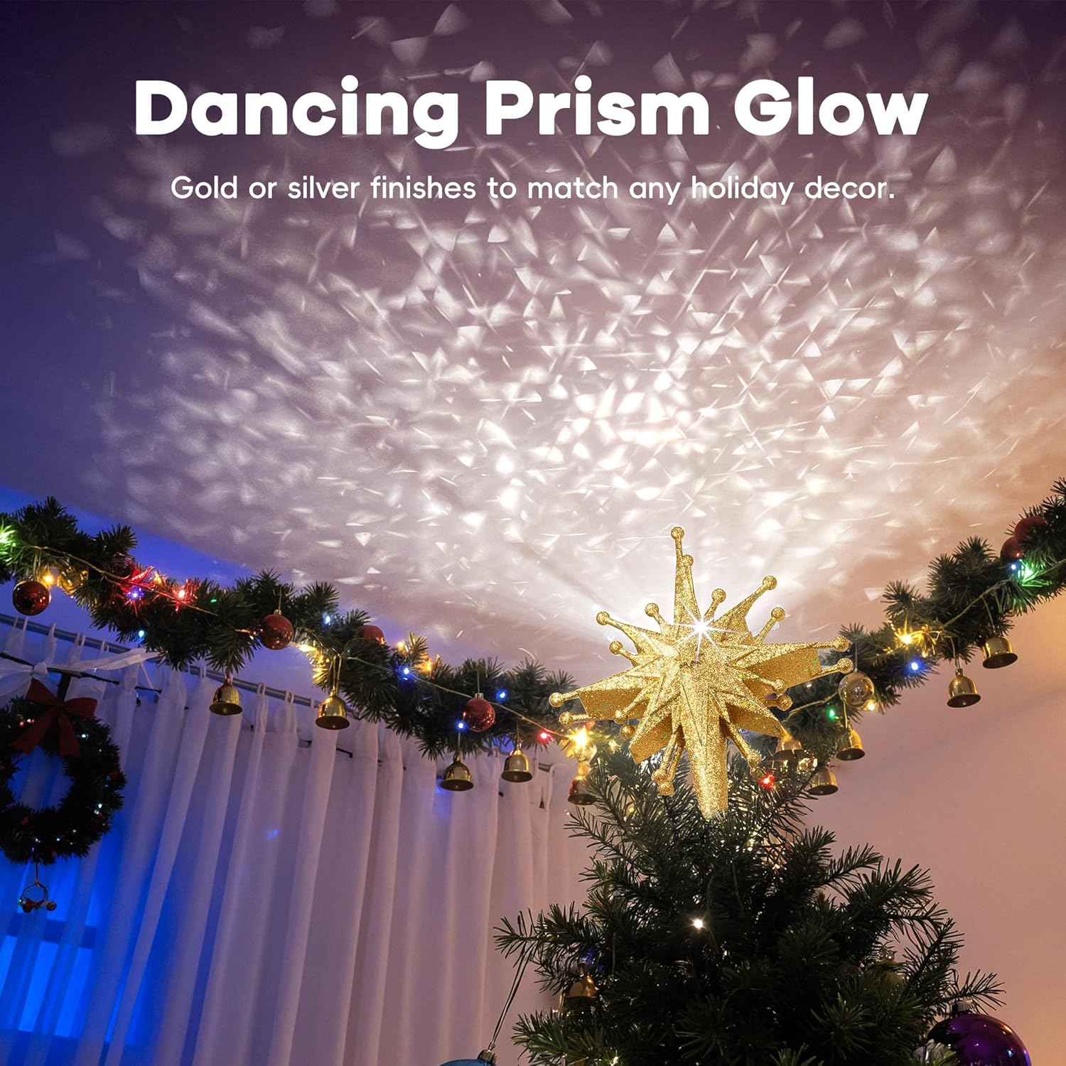 DG-Direct Christmas Tree Topper Lighted with Golden Snowflake Projector, Led Rotating Magic Snowflake, 3D Hollow Glitter Lighted Gold Snow Tree Topper for Christmas Tree Decorations