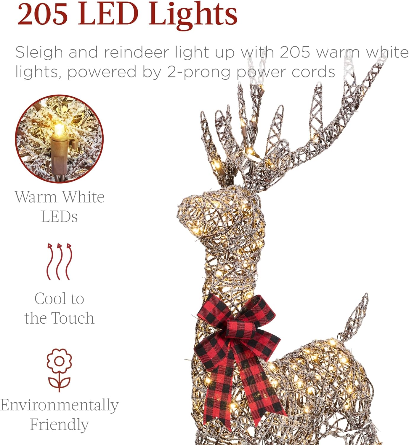 Best Choice Products Lighted Christmas 4ft Reindeer & Sleigh Holiday Outdoor Yard Decoration Set w/ 205 LED Lights, Stakes, Zip Ties - Gold