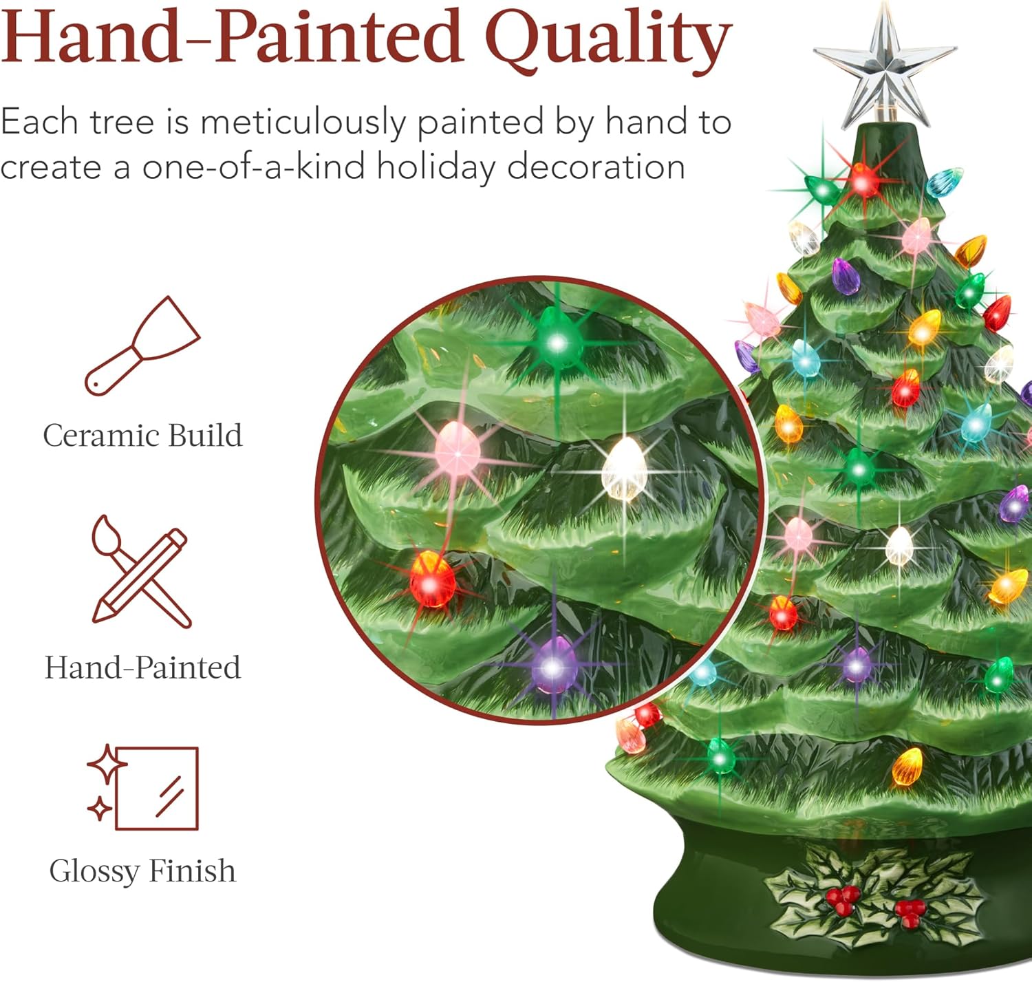 Best Choice Products 18in Large Ceramic Christmas Tree, Pre-lit Hand-Painted Tabletop Holiday Decoration w/Power Cord, 2 Star, 93 Multicolored Bulbs, LED Lights - Green