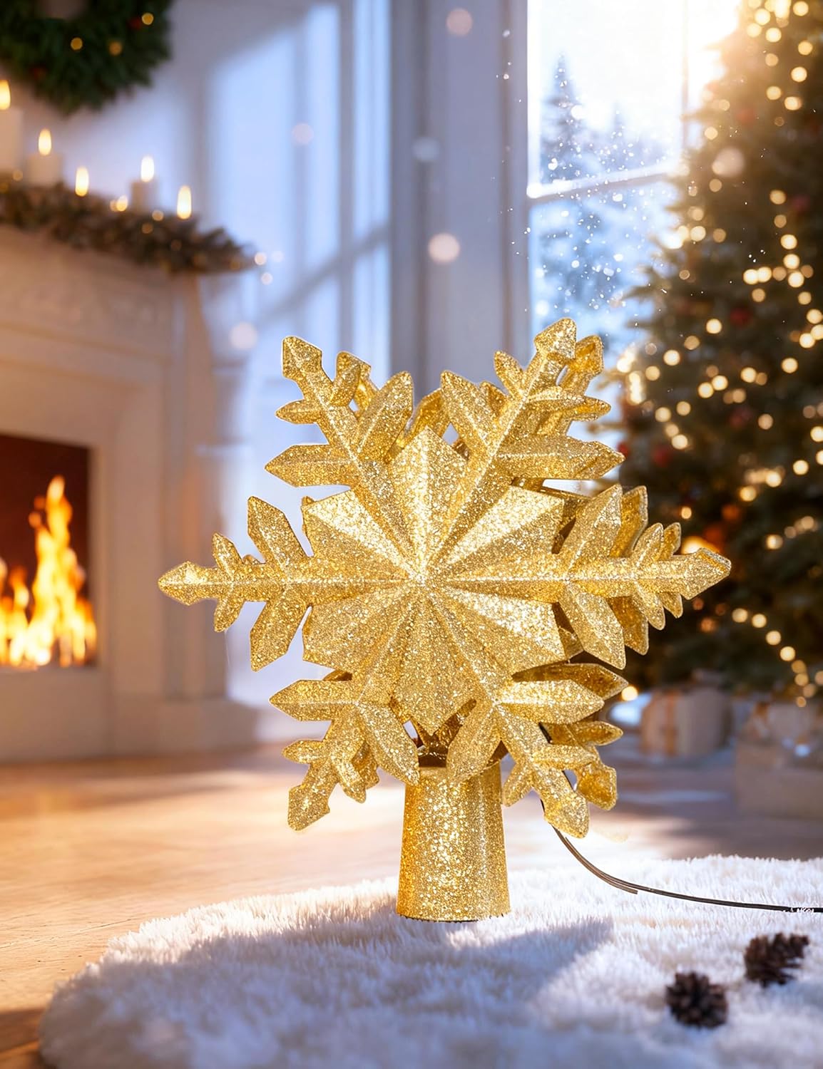 DG-Direct Christmas Tree Topper Lighted with Golden Snowflake Projector, Led Rotating Magic Snowflake, 3D Hollow Glitter Lighted Gold Snow Tree Topper for Christmas Tree Decorations