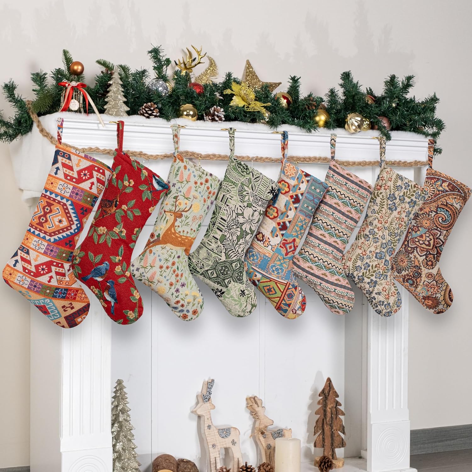LUBOT Set of 8 Christmas Stocking(20inch) Silhouette Buffalo Red Plaid/Rustic/Farmhouse/Country Cotton Fireplace Hanging Xmas Stockings Decorations for Family Holiday Season Decor