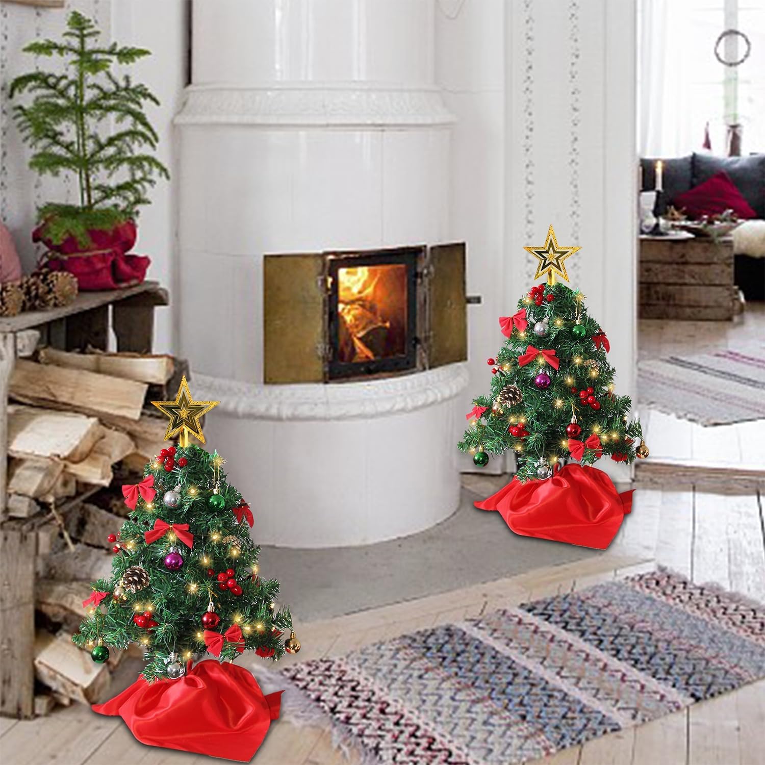 Juegoal 24 Inch Mini Christmas Tree Set, Table Top Artificial Christmas Trees with 50 LED Lights, Ornaments and Red Berries, Best DIY Christmas Decorations