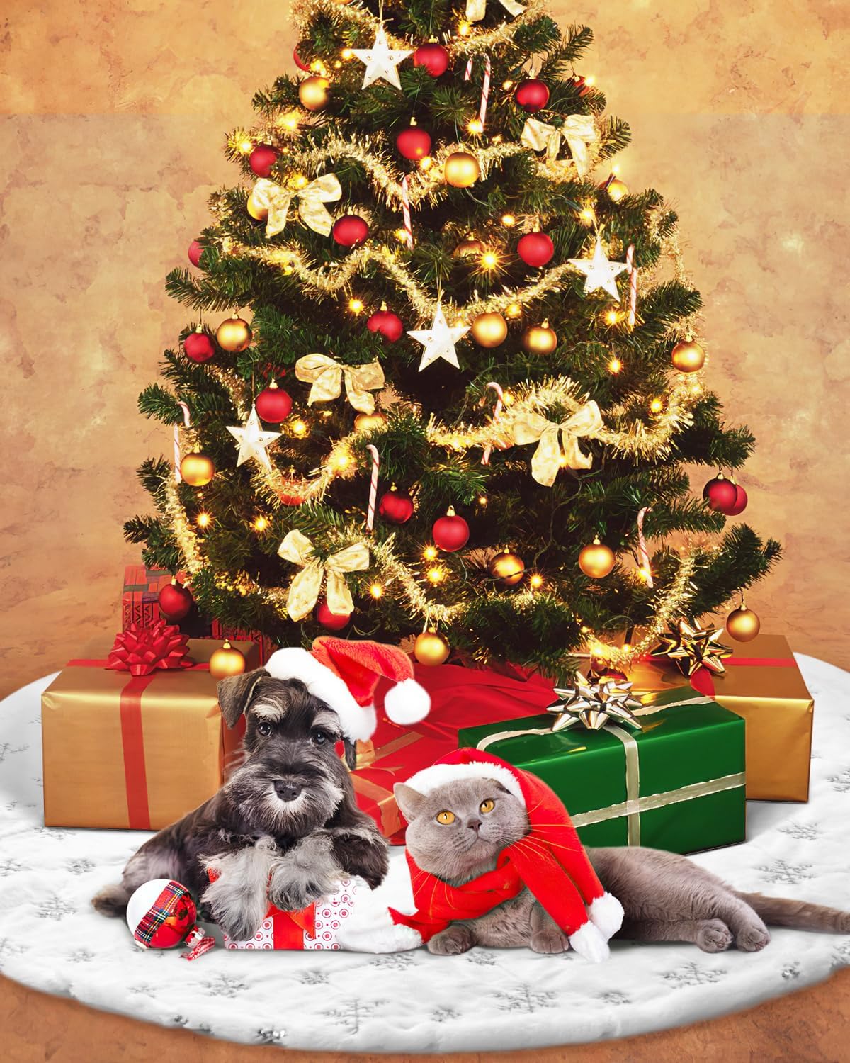 48 Inches Faux Fur Christmas Tree Skirt for Xmas Tree Holiday Party Decorations White Plush Silver Sequin Snowflake (Silver)