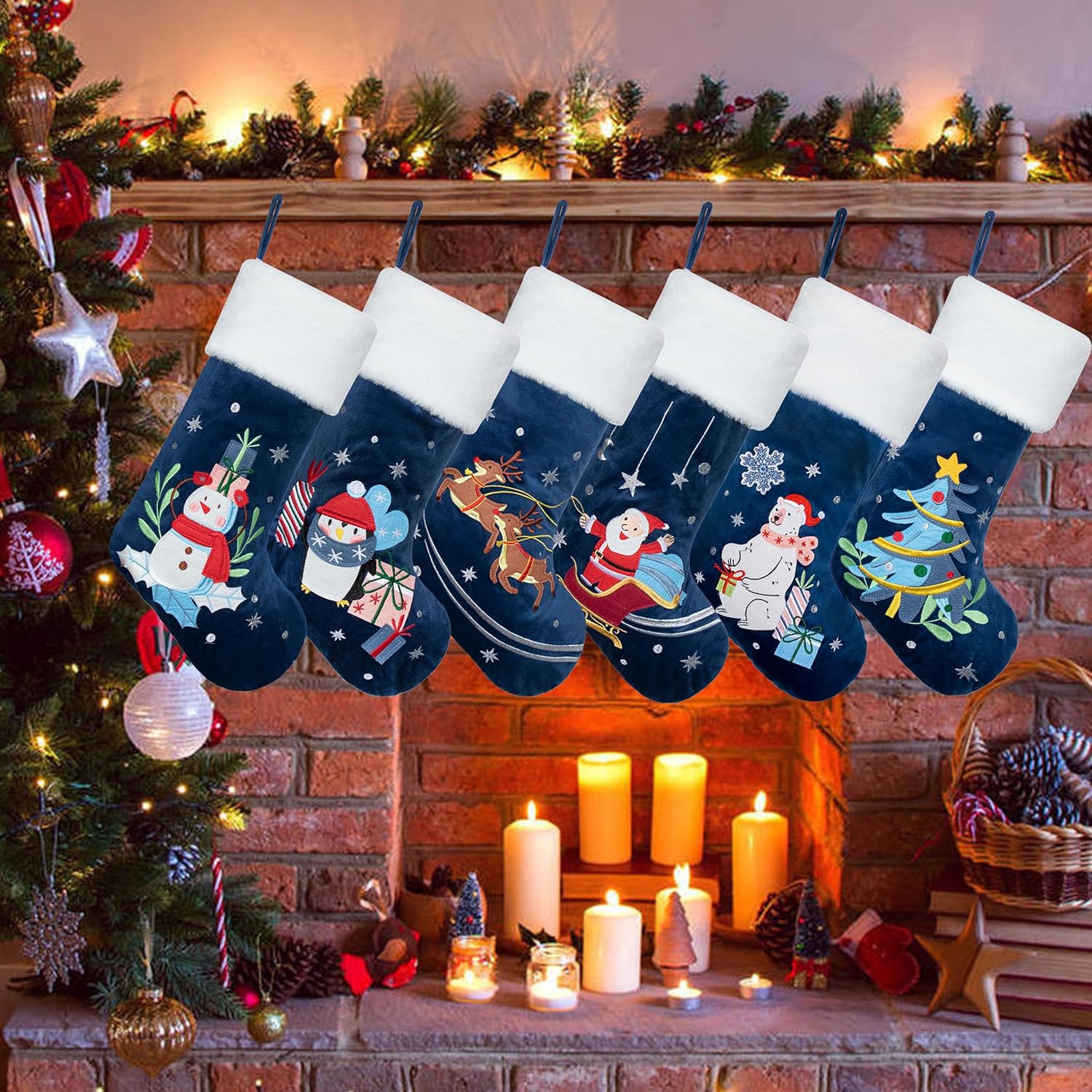 LUBOT Set of 8 Christmas Stocking(20inch) Silhouette Buffalo Red Plaid/Rustic/Farmhouse/Country Cotton Fireplace Hanging Xmas Stockings Decorations for Family Holiday Season Decor