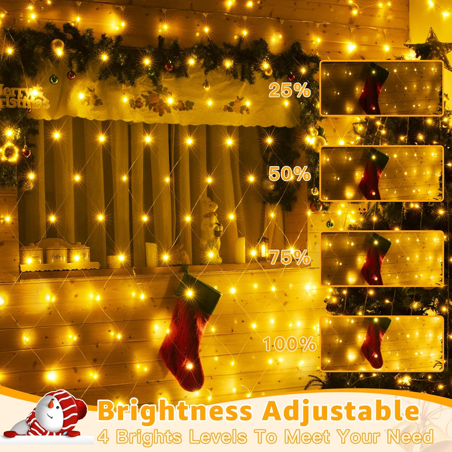 Ollny Net Lights Outdoor Mesh Light 10x7ft, 210LED Clear Wire Connectable Christmas Net Lights with 8 Modes, IP67 Waterproof Bush Light for Tree Wall Ceiling Outside Decorations, Warm White