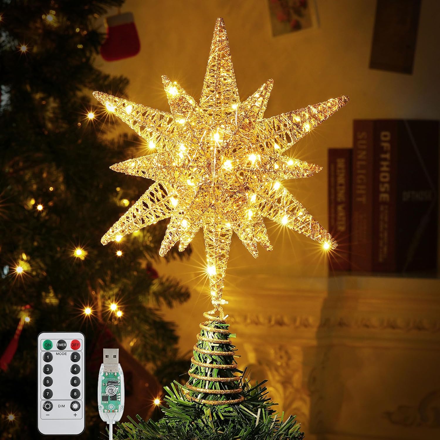 Roylvan Christmas Star Tree Topper with 8 Lighting Modes, USB Lighted Tree Topper with 20 LED Lights, Shiny Treetop Christmas Tree Decoration for Indoor Outdoor Holiday Home Ornament Gift, 9.8 Inch(H)