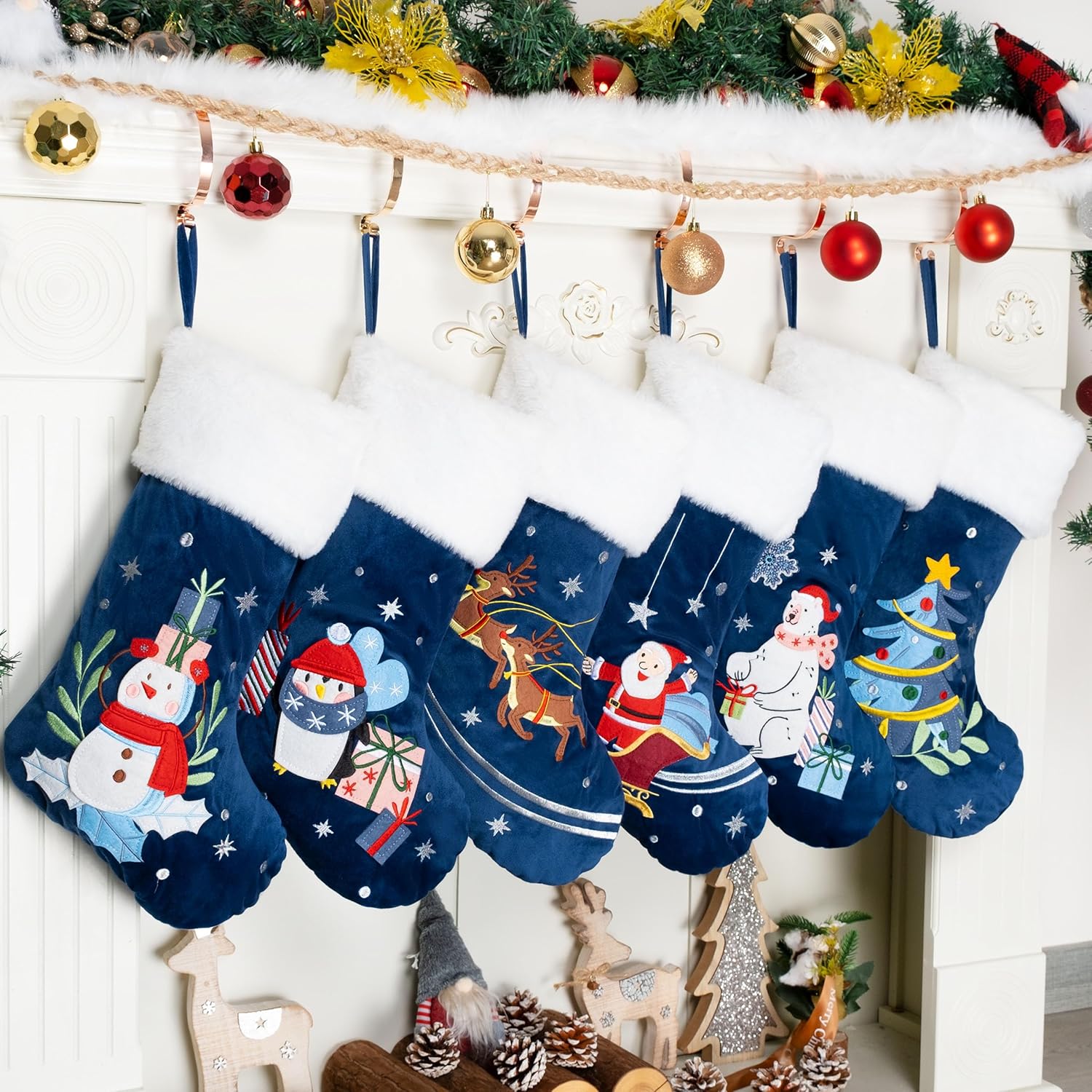 LUBOT Set of 8 Christmas Stocking(20inch) Silhouette Buffalo Red Plaid/Rustic/Farmhouse/Country Cotton Fireplace Hanging Xmas Stockings Decorations for Family Holiday Season Decor