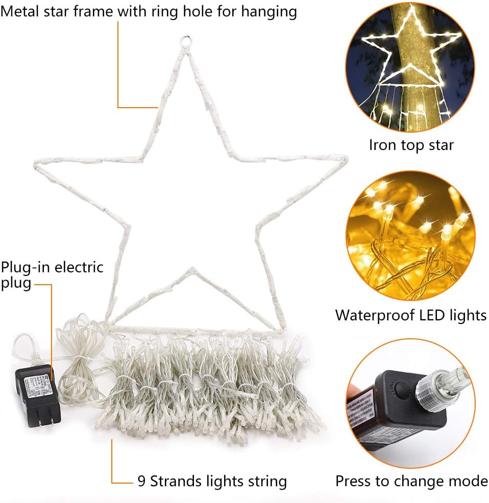 PUHONG Christmas Lights, Decorations Star Lights, 320 LED Christmas Tree Lights Outdoor, 16.4Ft String Lights, 8 Light Modes with 12 Lighted Star for Xmas New Year (Iron-Multicolor)