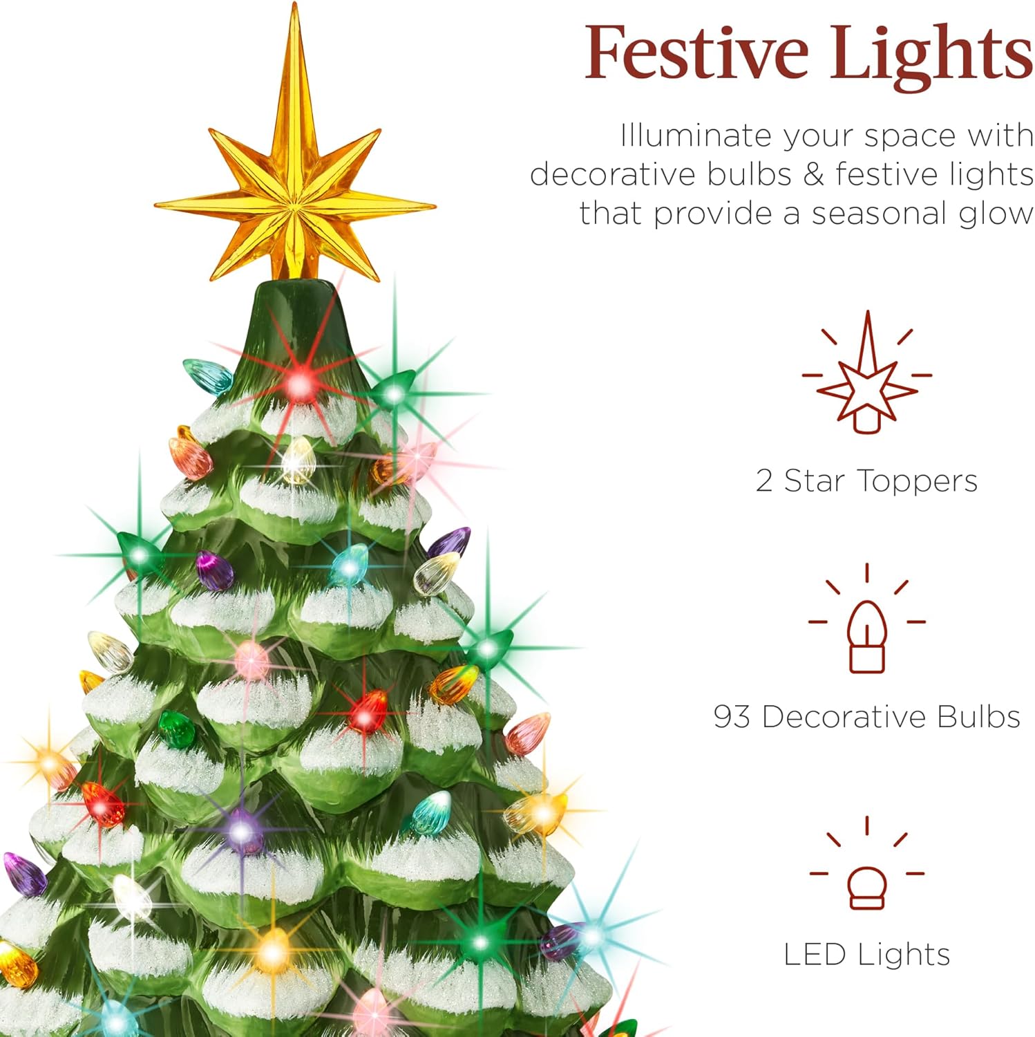 Best Choice Products 18in Large Ceramic Christmas Tree, Pre-lit Hand-Painted Tabletop Holiday Decoration w/Power Cord, 2 Star, 93 Multicolored Bulbs, LED Lights - Green