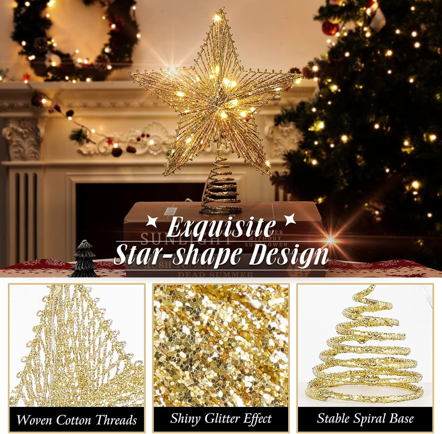 Roylvan Christmas Star Tree Topper with 8 Lighting Modes, USB Lighted Tree Topper with 20 LED Lights, Shiny Treetop Christmas Tree Decoration for Indoor Outdoor Holiday Home Ornament Gift, 9.8 Inch(H)