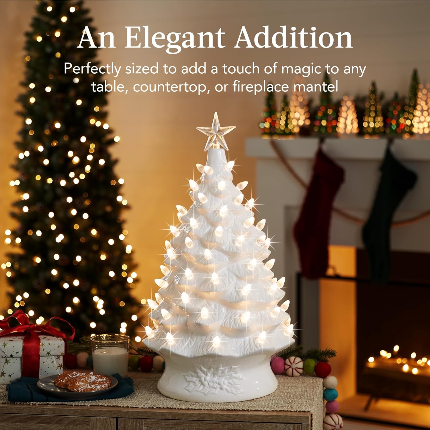 Best Choice Products 18in Large Ceramic Christmas Tree, Pre-lit Hand-Painted Tabletop Holiday Decoration w/Power Cord, 2 Star, 93 Multicolored Bulbs, LED Lights - Green