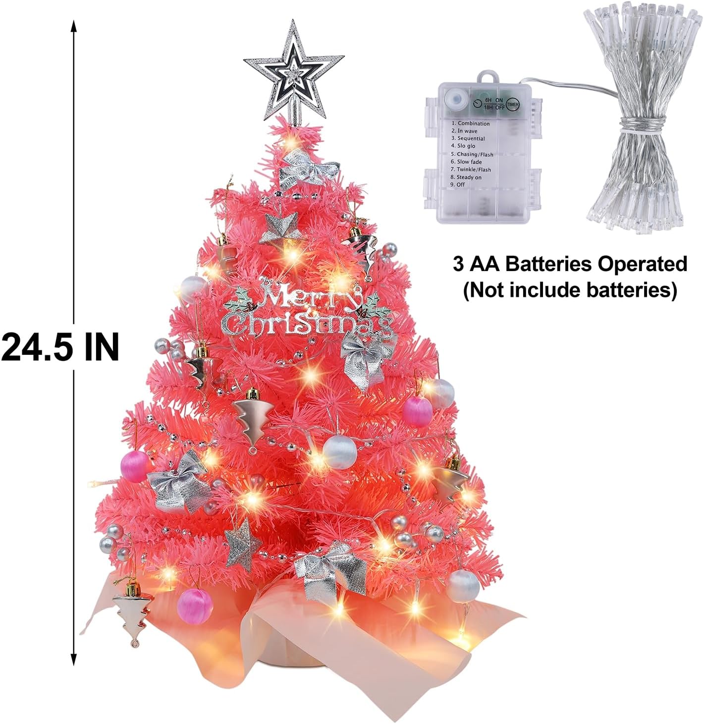 Juegoal 24 Inch Mini Christmas Tree Set, Table Top Artificial Christmas Trees with 50 LED Lights, Ornaments and Red Berries, Best DIY Christmas Decorations