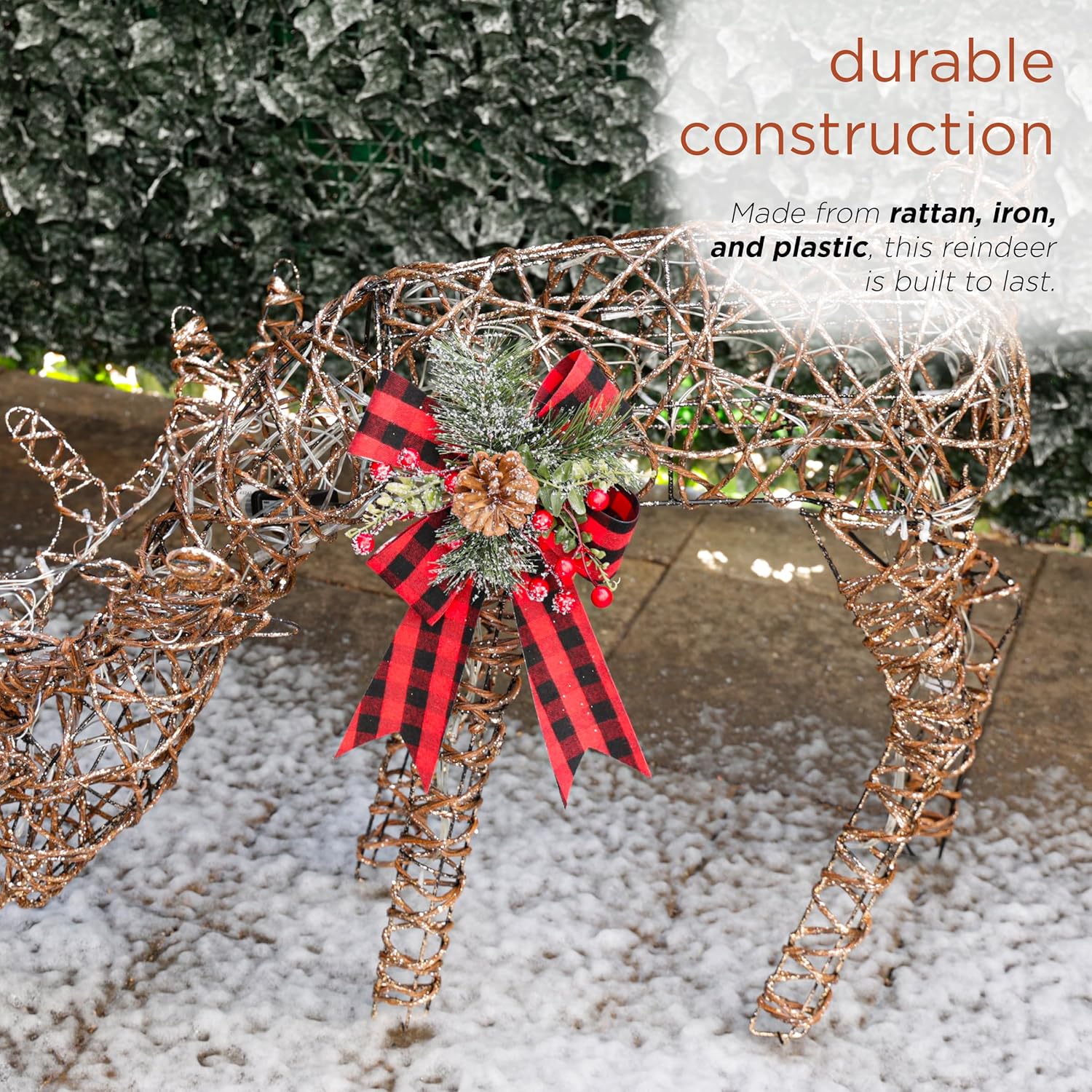 Alpine Corporation 24 Tall Outdoor Rattan Grazing Reindeer Lawn Decoration with White LED Lights, Christmas Yard Decor, Holiday Garden Display