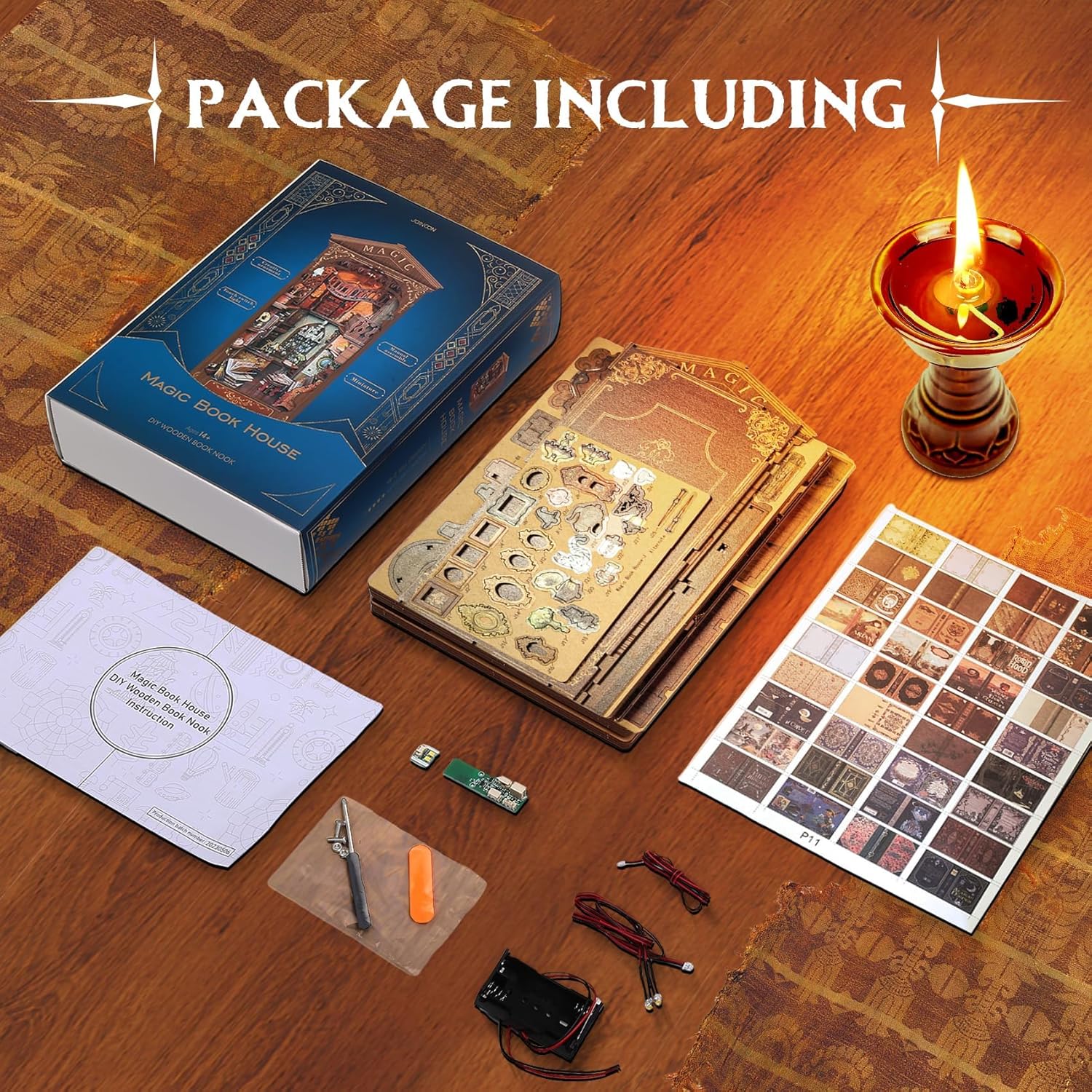 CRIOLPO Book Nook Kit - DIY Doll House Booknook, Book Nook Miniature Kit for Bookshelf Doll Houses for Adults Teen Halloween, 3D Wooden Puzzle Bookends with Sensor Led Light