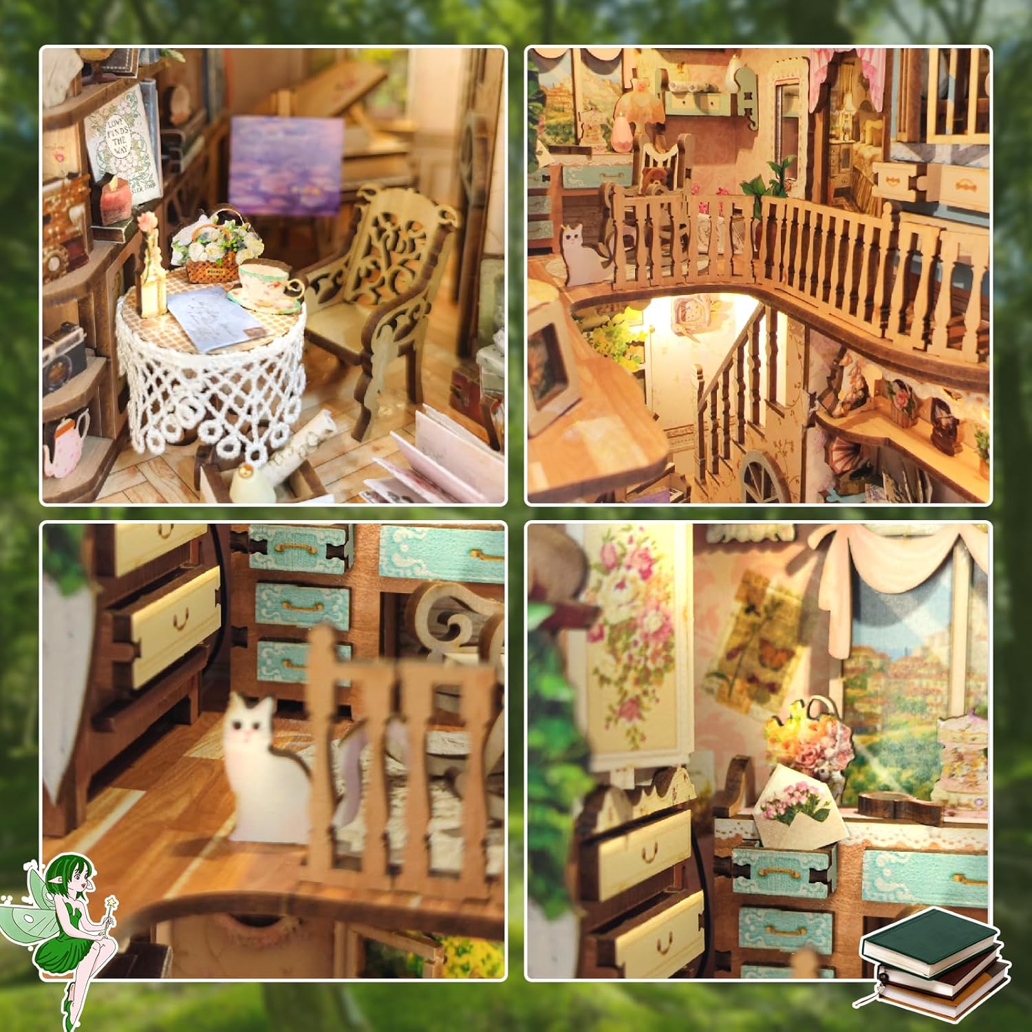 CRIOLPO Book Nook Kit - DIY Doll House Booknook, Book Nook Miniature Kit for Bookshelf Doll Houses for Adults Teen Halloween, 3D Wooden Puzzle Bookends with Sensor Led Light