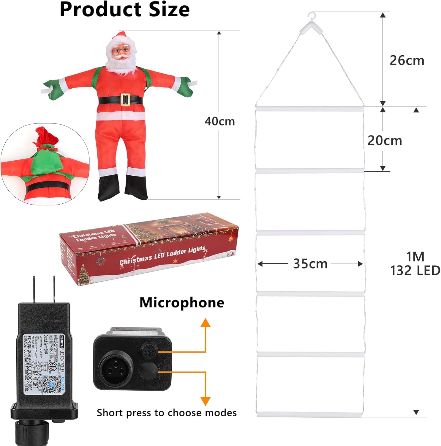 Toodour LED Christmas Lights - 10ft Christmas Decorative Ladder Lights with Santa Claus, Xmas Decorations Light for Indoor Outdoor, Window, Garden, Home, Wall, Xmas Tree Decor - Multicolor