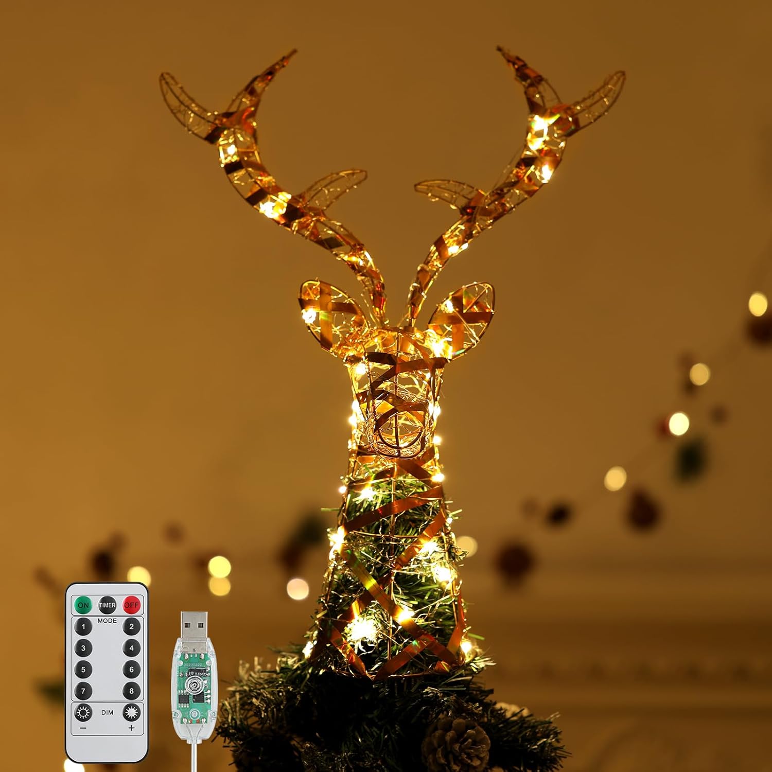 Roylvan Christmas Star Tree Topper with 8 Lighting Modes, USB Lighted Tree Topper with 20 LED Lights, Shiny Treetop Christmas Tree Decoration for Indoor Outdoor Holiday Home Ornament Gift, 9.8 Inch(H)