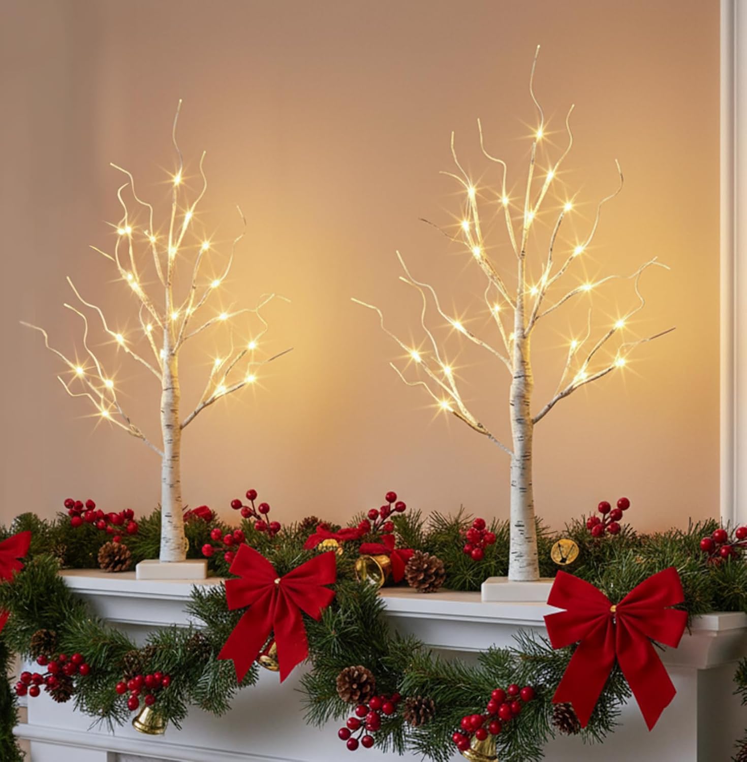 EAMBRITE Home Decorations Light Up White Birch Tree Indoor Christmas Decor, 4 Pack Battery Operated/USB Lighted Tabletop Money Tree Lamp Led Lights Xmas Wedding Centerpiece Table Room (2 Ft)