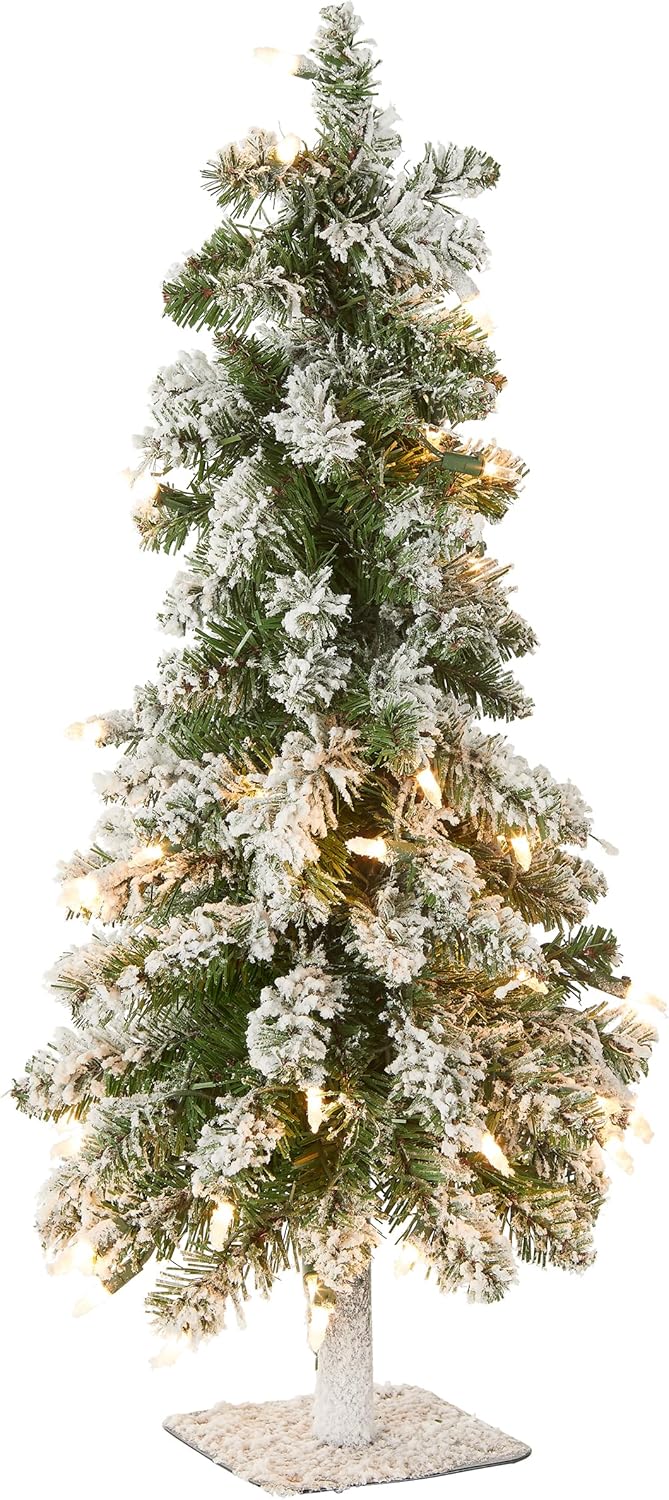 National Tree Company 3 ft Pre-Lit Flocked Downswept Forestree Mini Artificial Christmas Tree,50 Clear Lights, 198 Tips, Metal Plate Base, Green