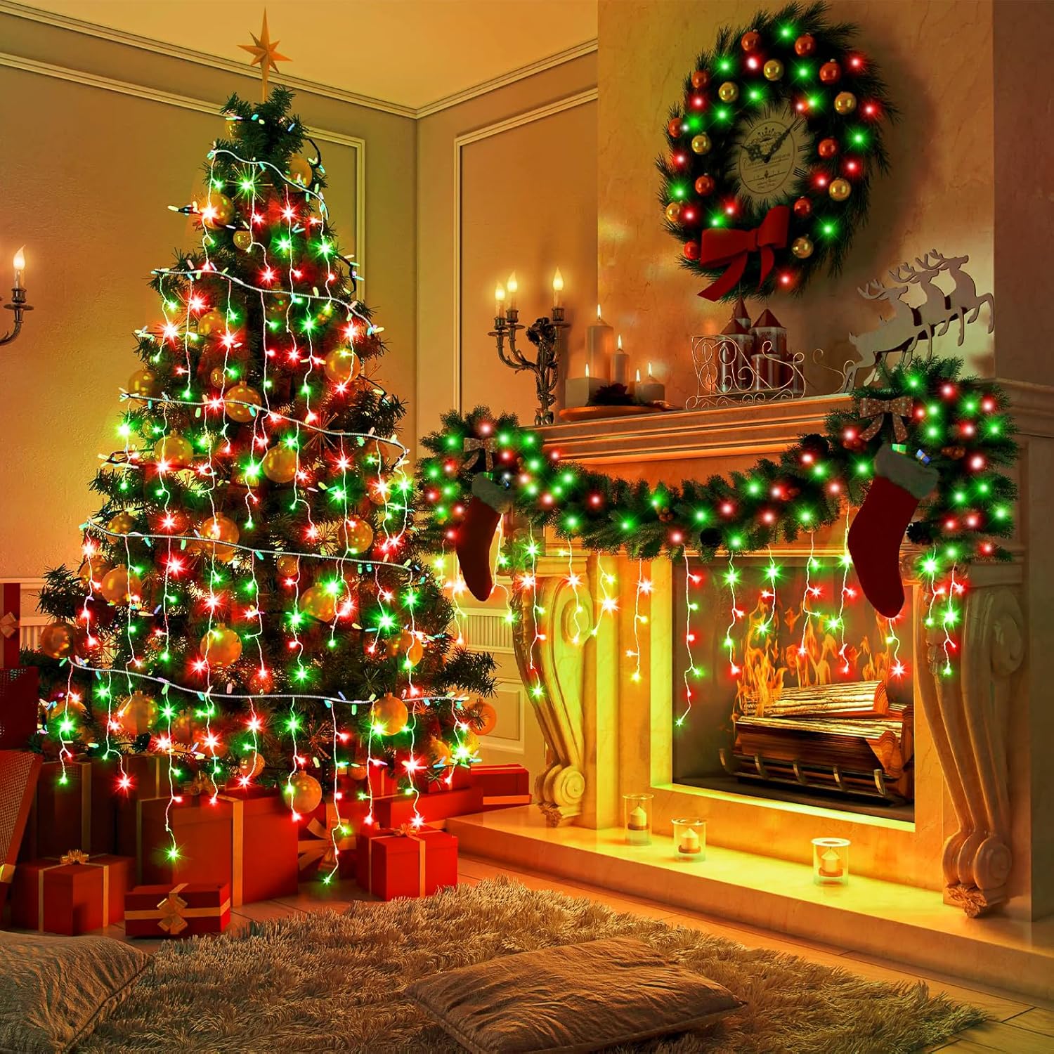 66ft Icicle Lights for Outside - 640 LED Christmas Lights Outdoor with 120 Drops 8 Modes, Plug in Twinkle Light Outside for Holiday Wedding Party Tree Room Indoor Thanksgiving Decoration, Warm White