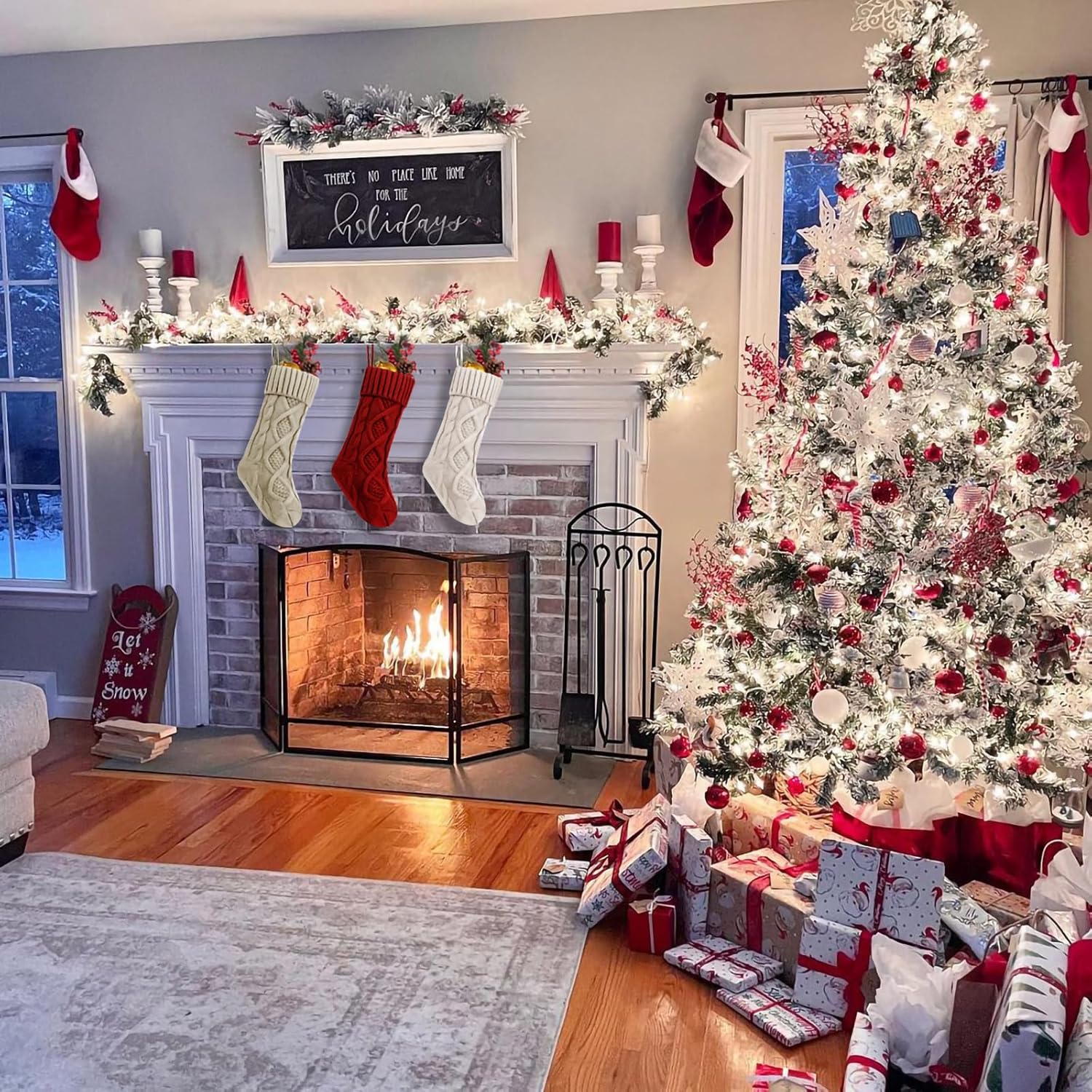 Fesciory 4 Pack Christmas Stockings 18 Inches Large Size Cable Knitted Stocking Gifts & Decorations for Family Holiday Xmas Party, Ivory White