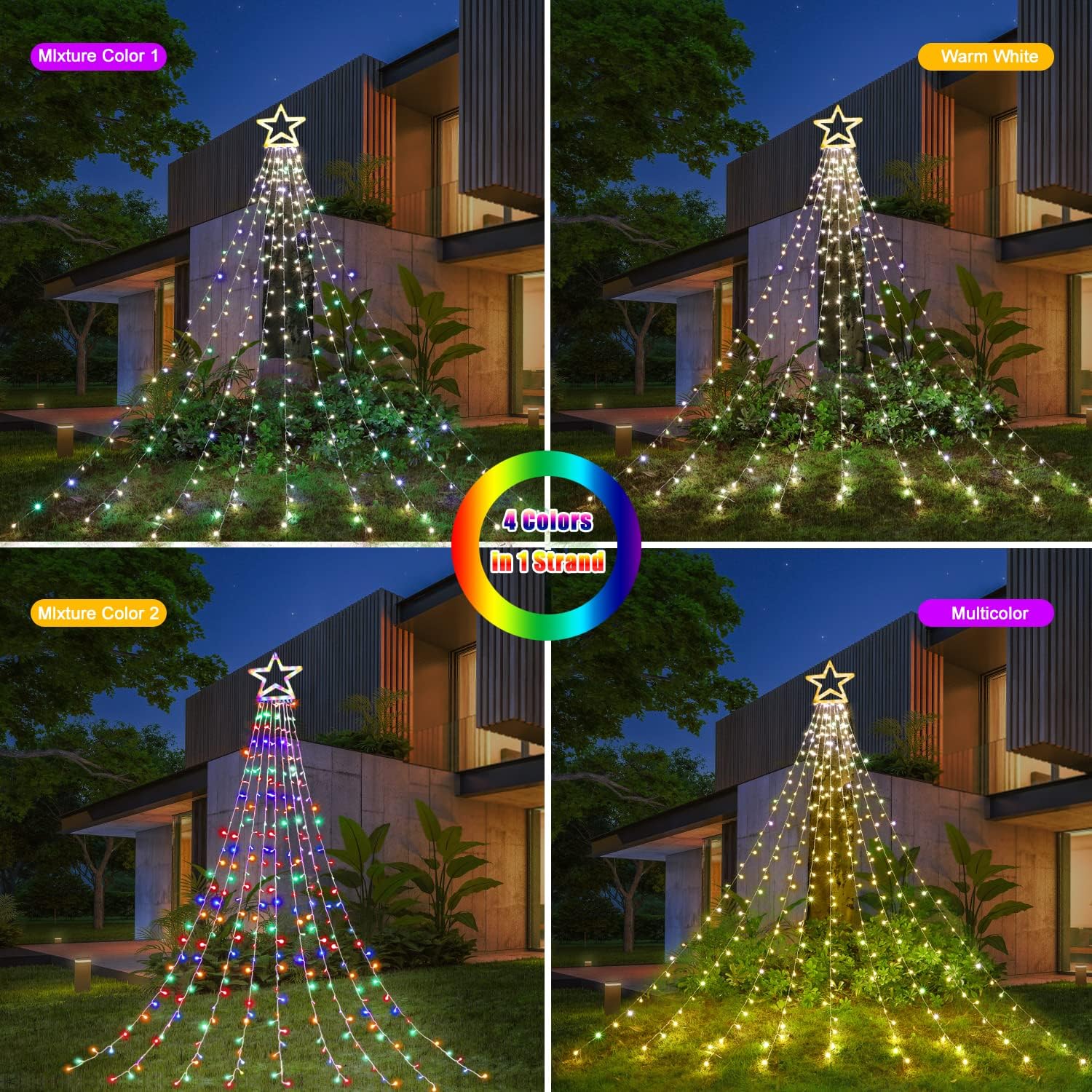 PUHONG Christmas Lights, Decorations Star Lights, 320 LED Christmas Tree Lights Outdoor, 16.4Ft String Lights, 8 Light Modes with 12 Lighted Star for Xmas New Year (Iron-Multicolor)