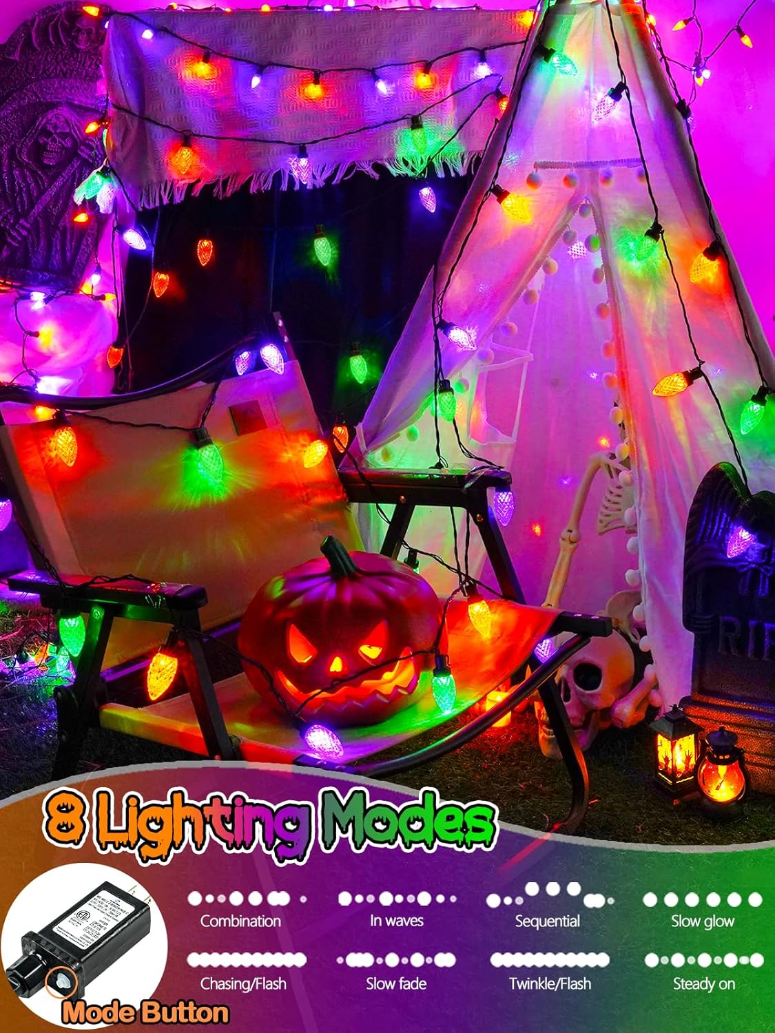 2-Pack Extentable C9 Christmas Lights Outdoor Indoor, 66 FT 100 LED Christmas String Lights Plug in with 8 Modes & Timer, Waterproof Fairy Twinkle Light for Xmas Tree Yard Decorations (Multi-Colored)