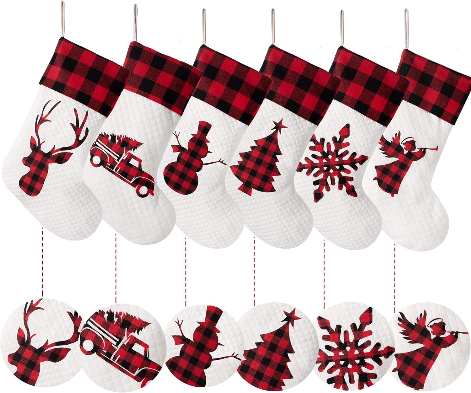 LUBOT Set of 8 Christmas Stocking(20inch) Silhouette Buffalo Red Plaid/Rustic/Farmhouse/Country Cotton Fireplace Hanging Xmas Stockings Decorations for Family Holiday Season Decor