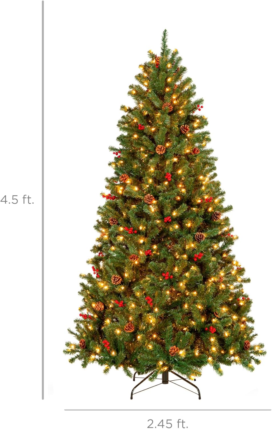 Best Choice Products 6ft Pre-Lit Pre-Decorated Spruce Hinged Artificial Christmas Tree w/ 798 Tips, Pinecones, Berries, 250 Lights, Metal Base