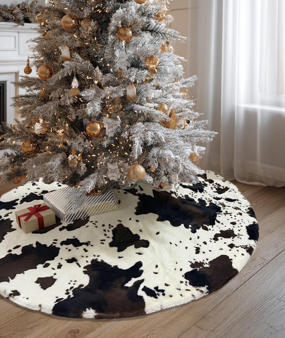 60 Inch Cow Faux Fur Christmas Tree Skirt Holiday Decor for Xmas Tree, Festive Party, Home Decorations