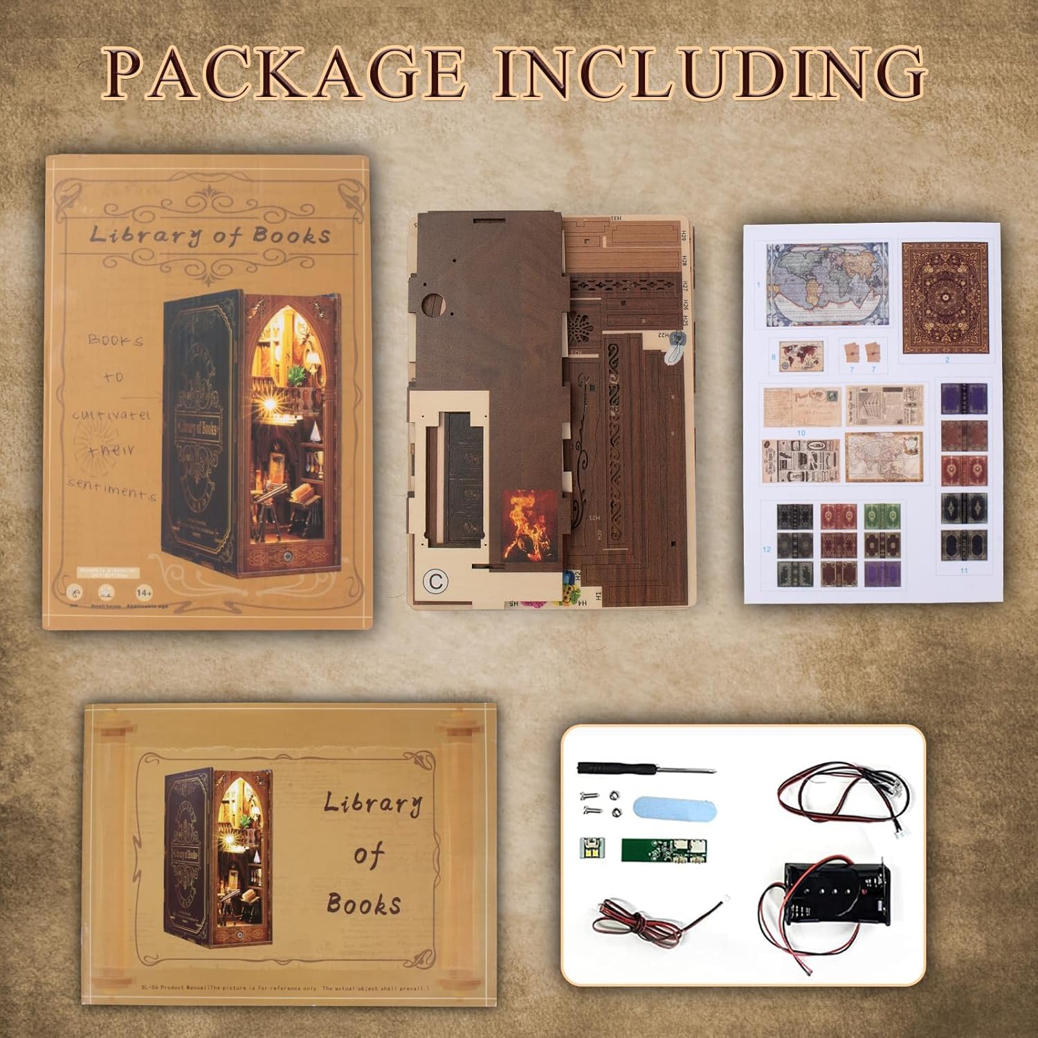 CRIOLPO Book Nook Kit - DIY Doll House Booknook, Book Nook Miniature Kit for Bookshelf Doll Houses for Adults Teen Halloween, 3D Wooden Puzzle Bookends with Sensor Led Light