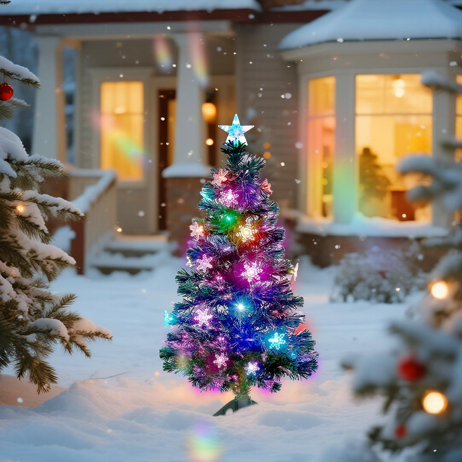 Juegoal 6 ft Pre-Lit Optical Fiber Christmas Artificial Tree, RGB Color Changing LED Lights, Snowflakes & Top Star, Fake Xmas Tree with Metal Legs