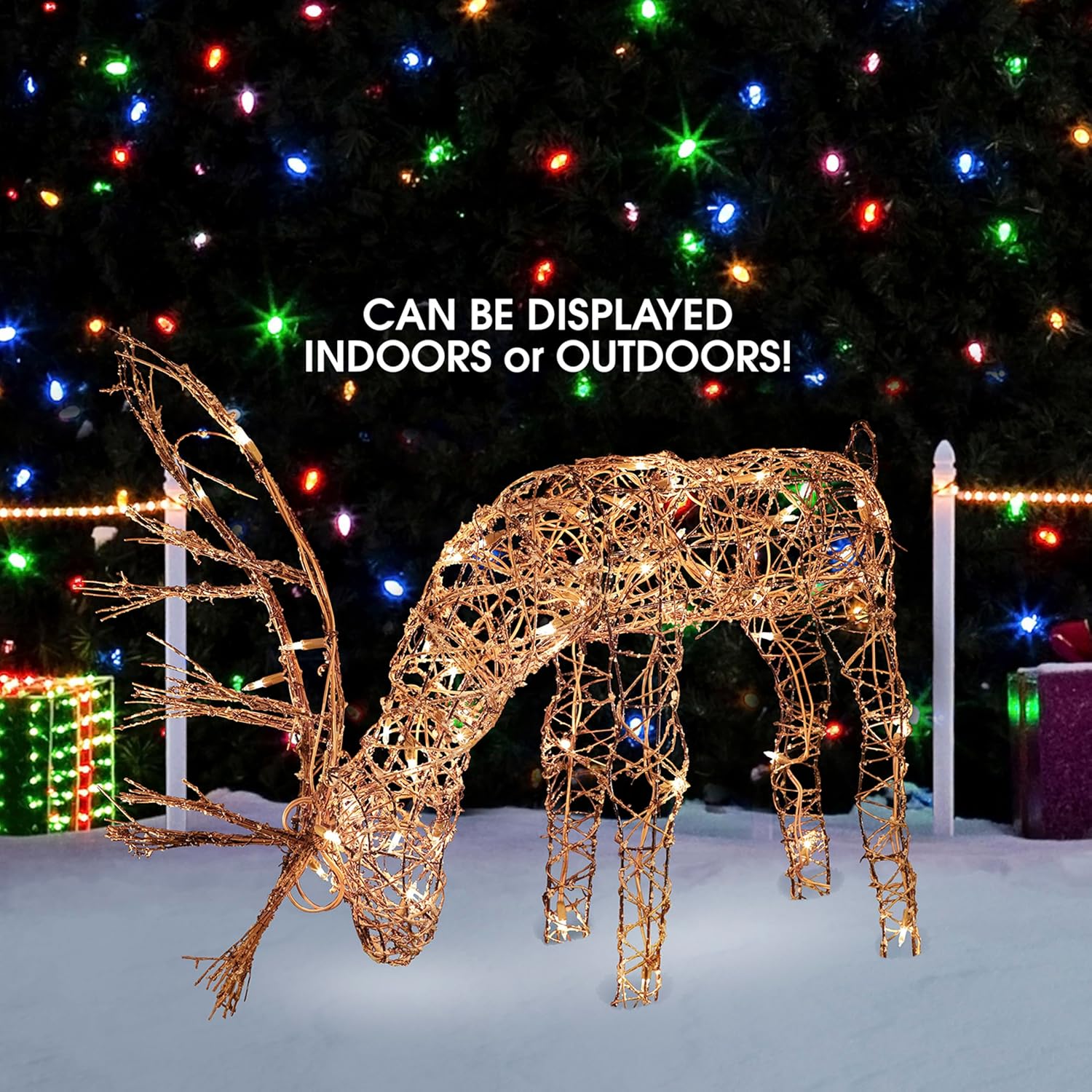Alpine Corporation 24 Tall Outdoor Rattan Grazing Reindeer Lawn Decoration with White LED Lights, Christmas Yard Decor, Holiday Garden Display