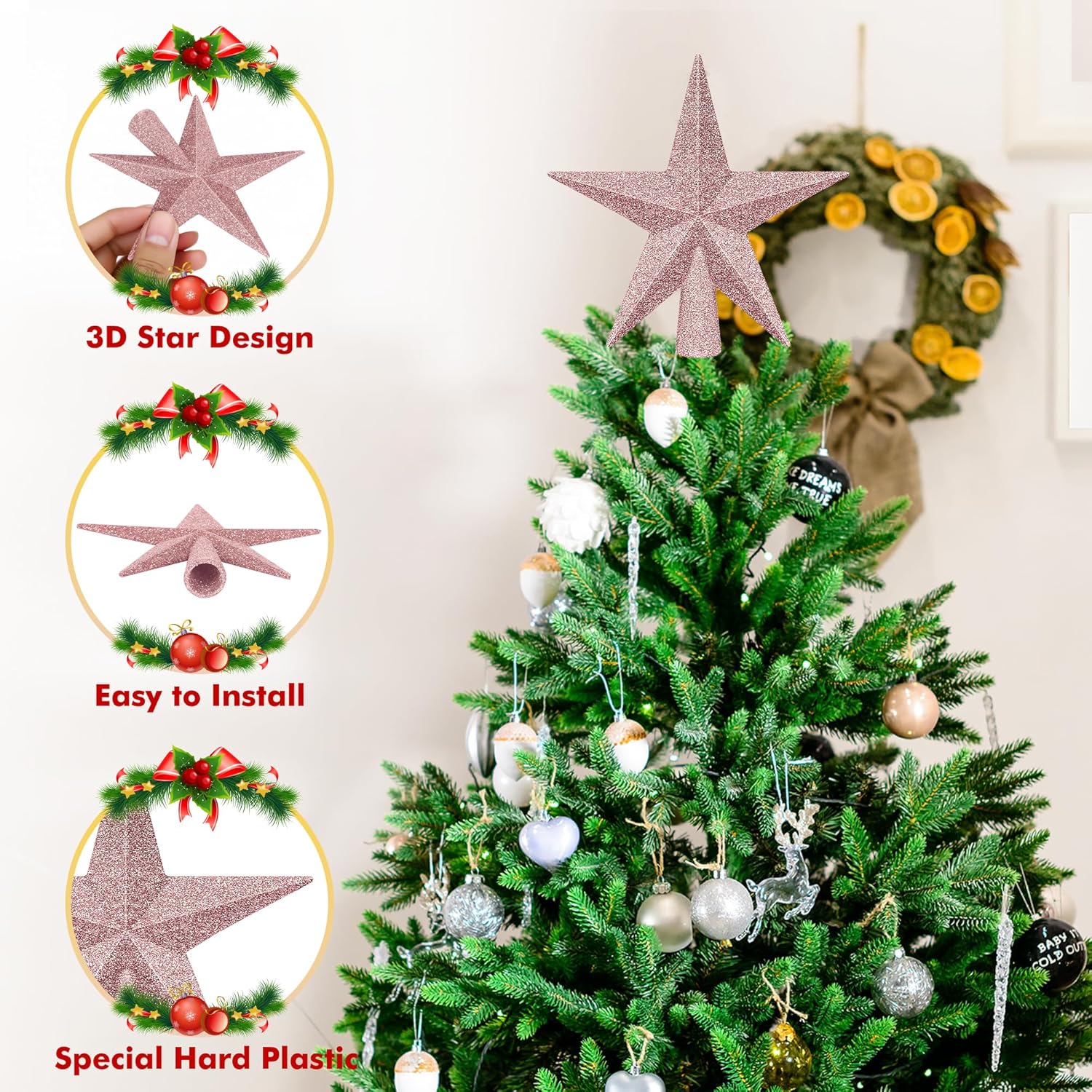 Christmas Tree Star Topper, 8 Gold Xmas Star Tree Decorations, 3D Shatterproof Bethlehem Star Tree Topper Decorations, Waterproof Christmas Tree Topper Decor for Holiday Home Outdoor Ornament