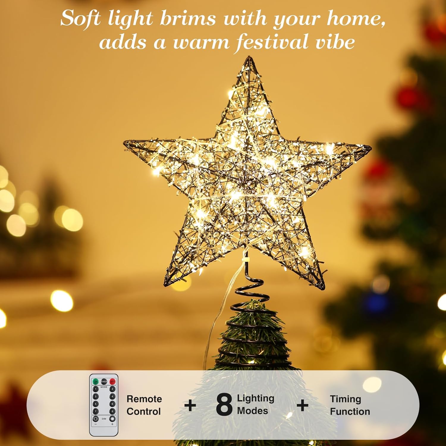 Roylvan Christmas Star Tree Topper with 8 Lighting Modes, USB Lighted Tree Topper with 20 LED Lights, Shiny Treetop Christmas Tree Decoration for Indoor Outdoor Holiday Home Ornament Gift, 9.8 Inch(H)