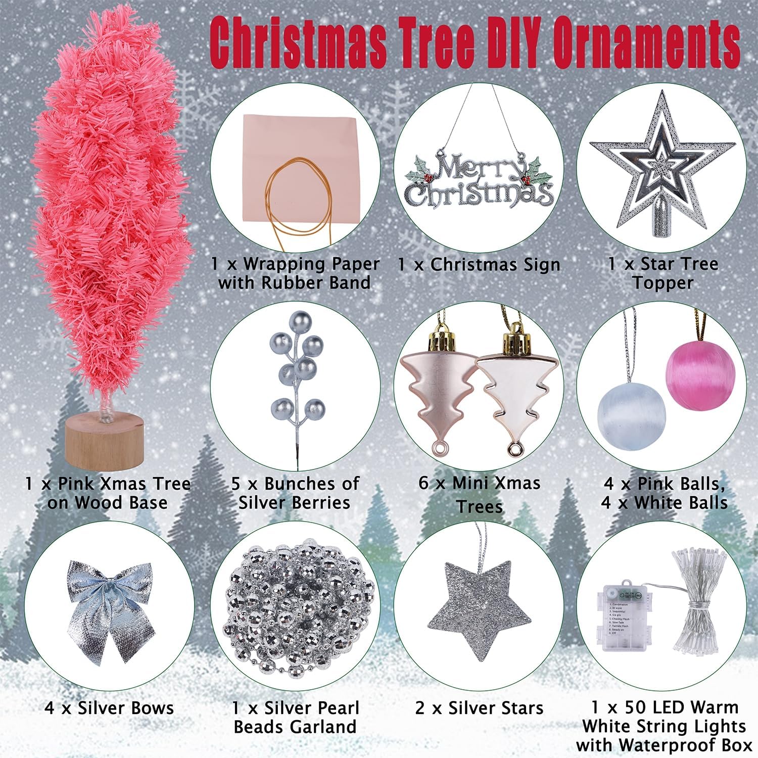 Juegoal 24 Inch Mini Christmas Tree Set, Table Top Artificial Christmas Trees with 50 LED Lights, Ornaments and Red Berries, Best DIY Christmas Decorations