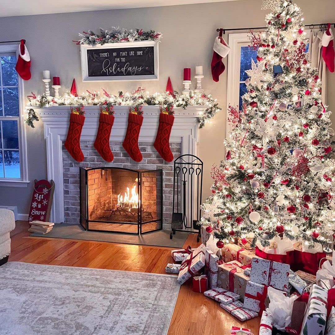 Fesciory 4 Pack Christmas Stockings 18 Inches Large Size Cable Knitted Stocking Gifts & Decorations for Family Holiday Xmas Party, Ivory White