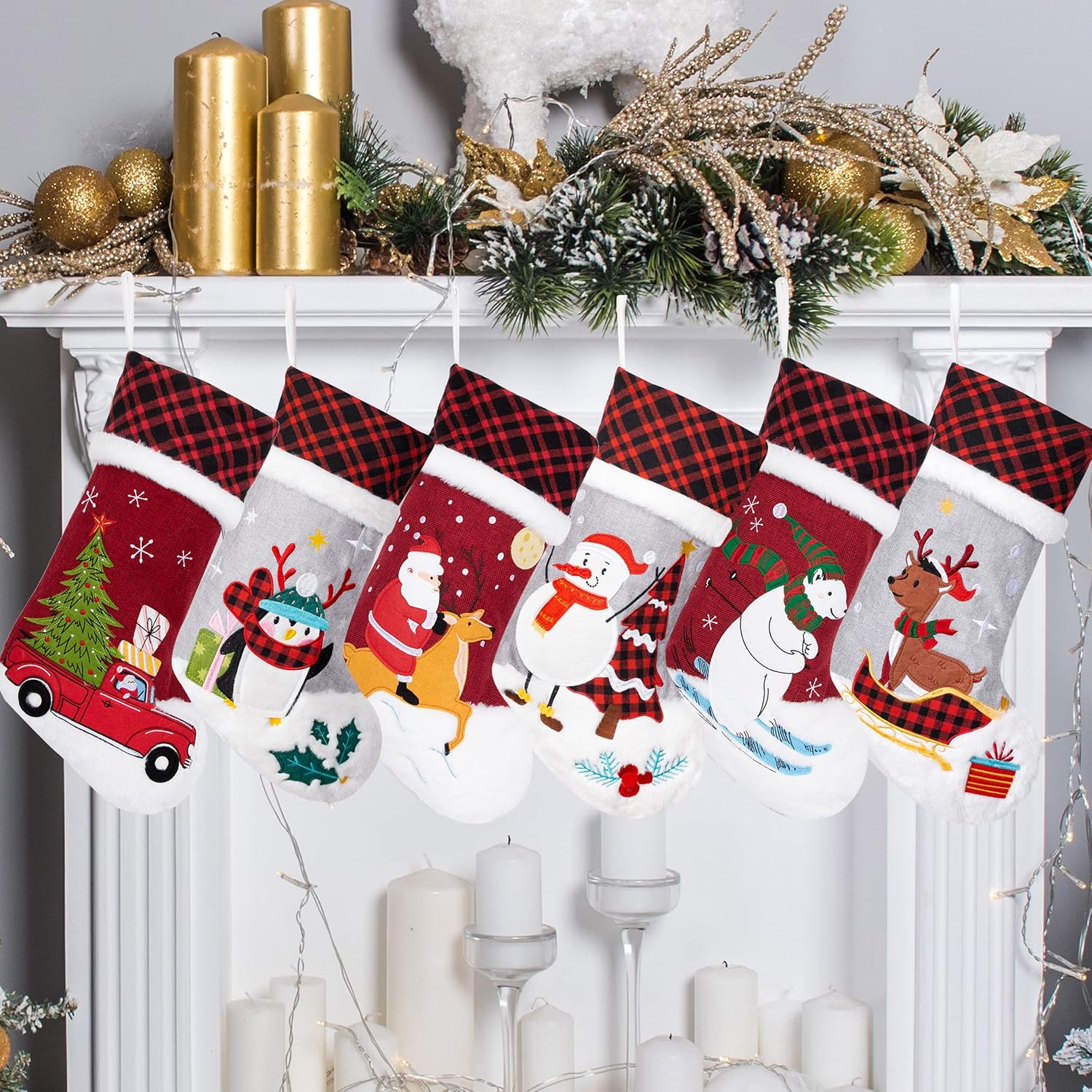 LUBOT Set of 8 Christmas Stocking(20inch) Silhouette Buffalo Red Plaid/Rustic/Farmhouse/Country Cotton Fireplace Hanging Xmas Stockings Decorations for Family Holiday Season Decor