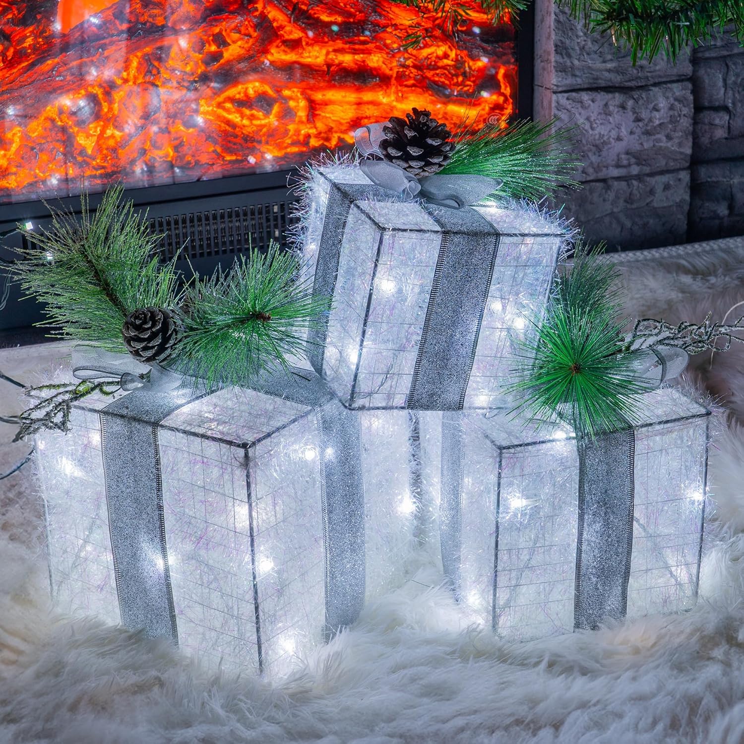 Hourleey Set of 3 Christmas Lighted Gift Boxes, Pre-lit 60 LED Light Up Present Boxes Ornament Outdoor Warm White Tinsel Boxes Decoration for Indoor Christmas Home Yard Lawn Decor