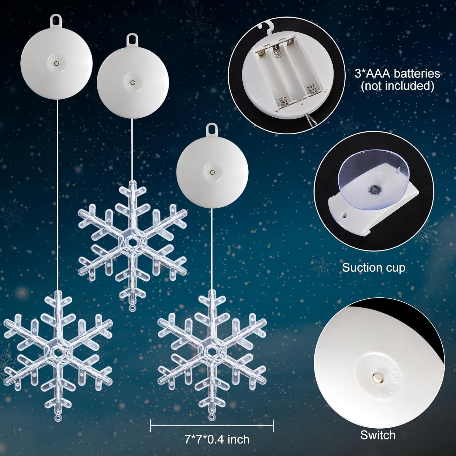 LYUBASA 3Pack Christmas Window Lights Decorations with Timer, Battery Powered Christmas Hanging White Lighted Snowflake Shaped LED Sucker for Xmas Lamp Tree Fireplace Indoor Decor
