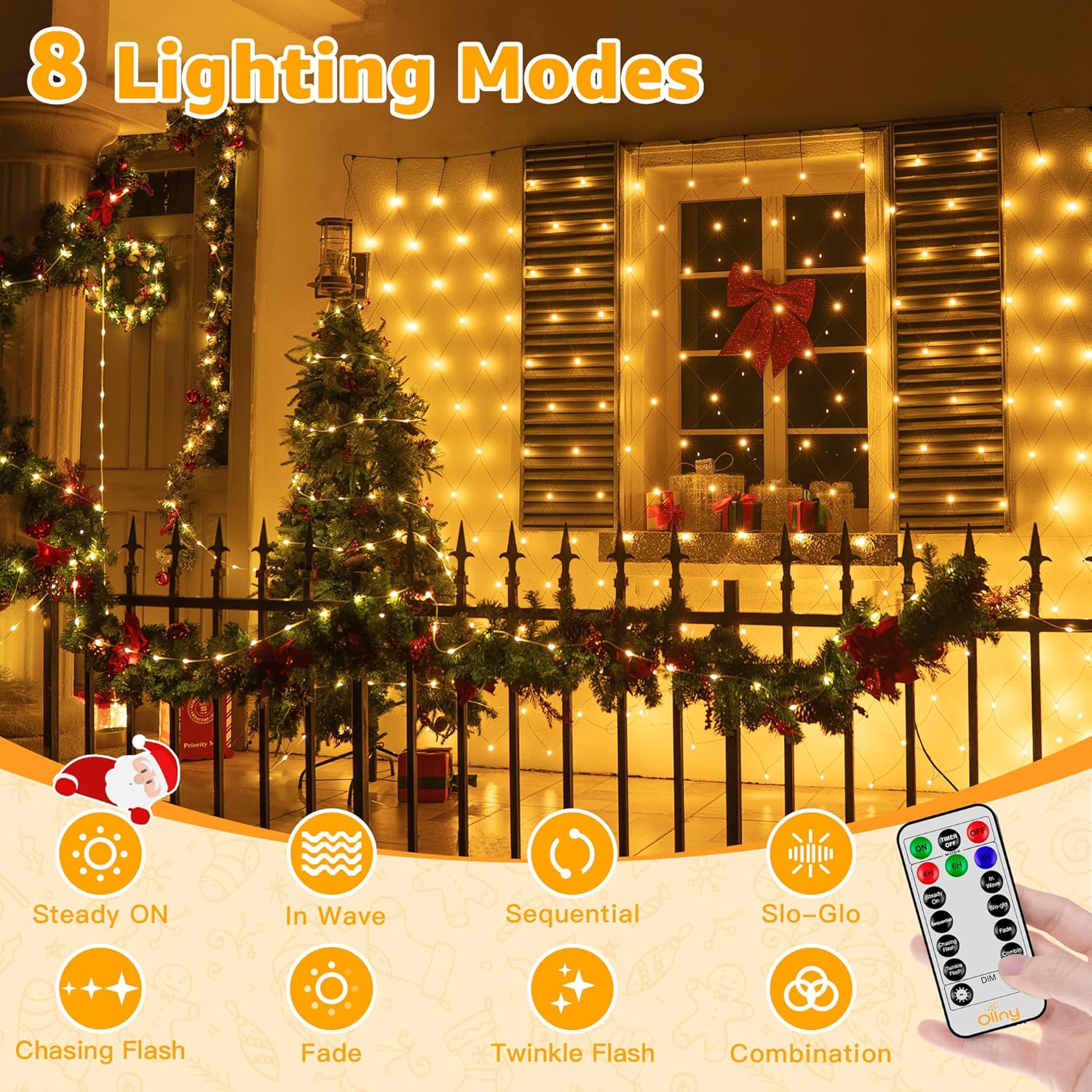 Ollny Net Lights Outdoor Mesh Light 10x7ft, 210LED Clear Wire Connectable Christmas Net Lights with 8 Modes, IP67 Waterproof Bush Light for Tree Wall Ceiling Outside Decorations, Warm White