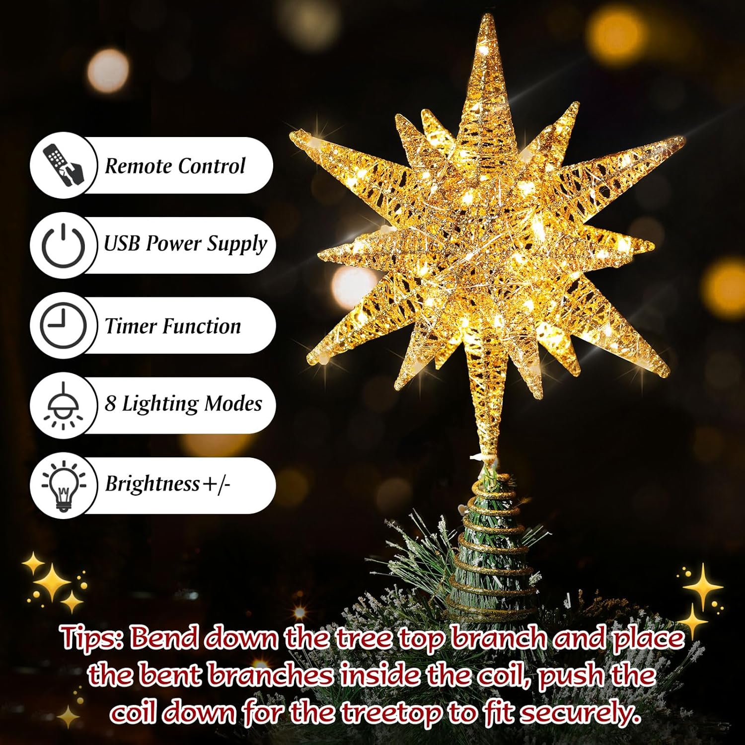 Roylvan Christmas Star Tree Topper with 8 Lighting Modes, USB Lighted Tree Topper with 20 LED Lights, Shiny Treetop Christmas Tree Decoration for Indoor Outdoor Holiday Home Ornament Gift, 9.8 Inch(H)