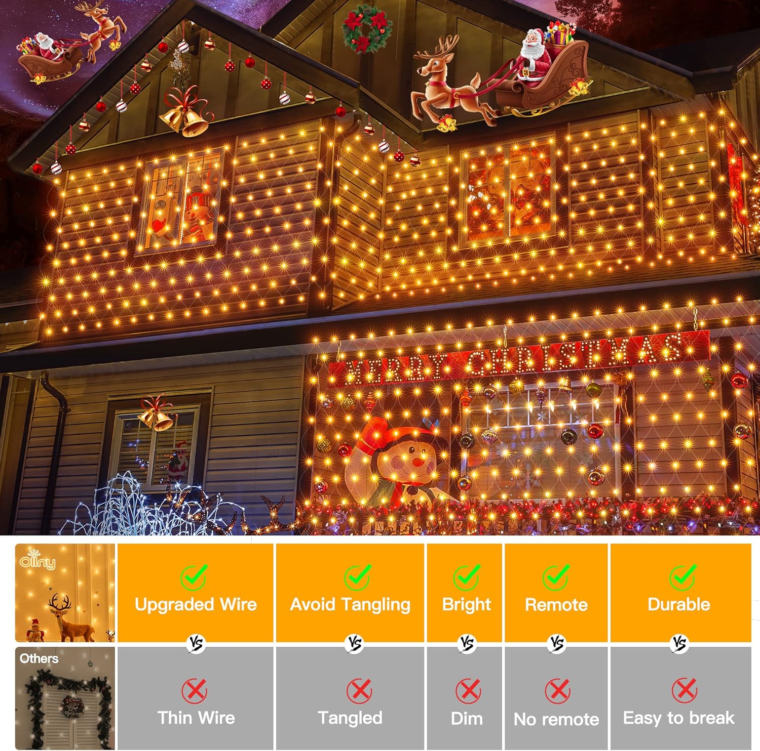 Ollny Net Lights Outdoor Mesh Light 10x7ft, 210LED Clear Wire Connectable Christmas Net Lights with 8 Modes, IP67 Waterproof Bush Light for Tree Wall Ceiling Outside Decorations, Warm White