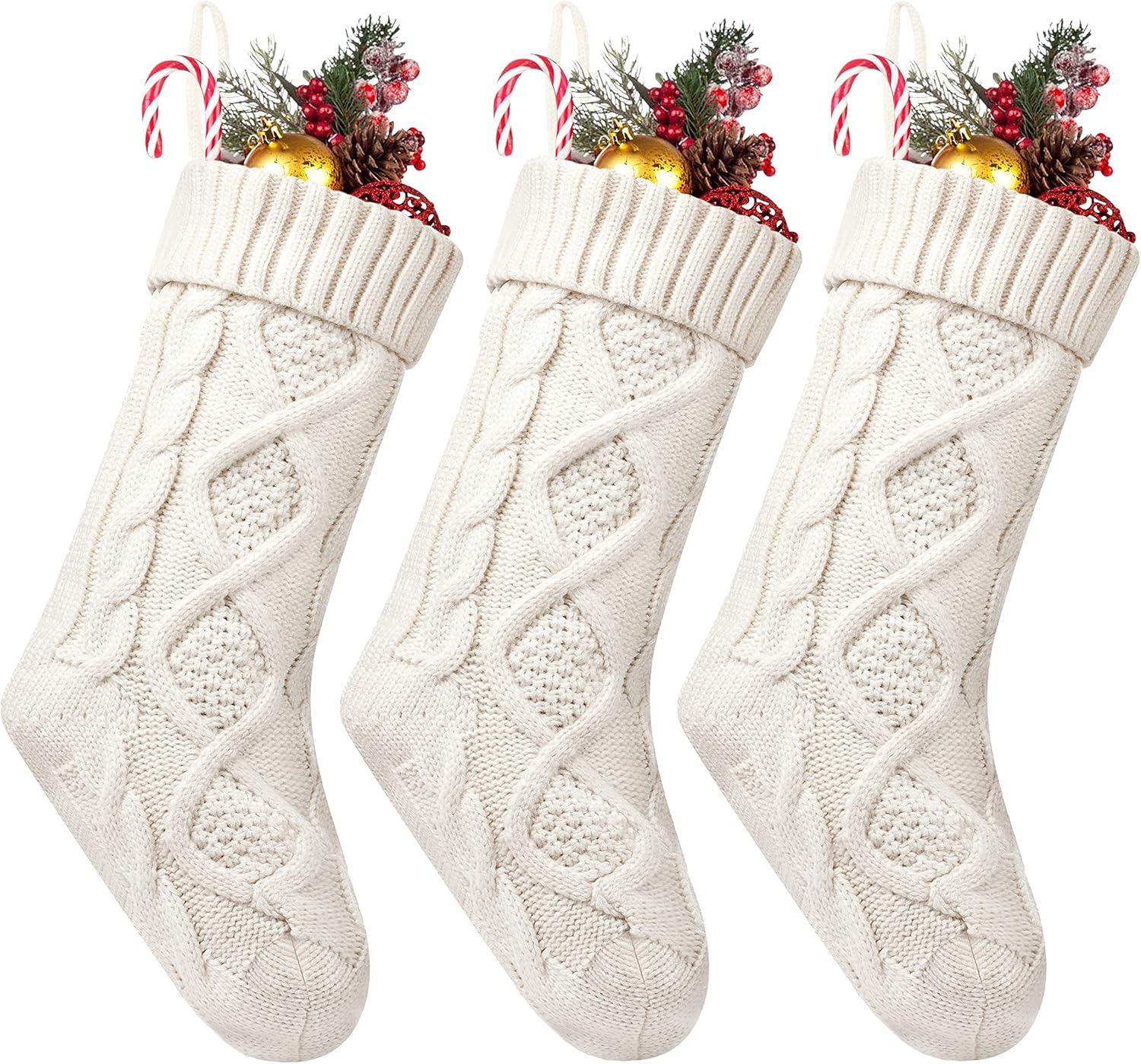 Fesciory 4 Pack Christmas Stockings 18 Inches Large Size Cable Knitted Stocking Gifts & Decorations for Family Holiday Xmas Party, Ivory White
