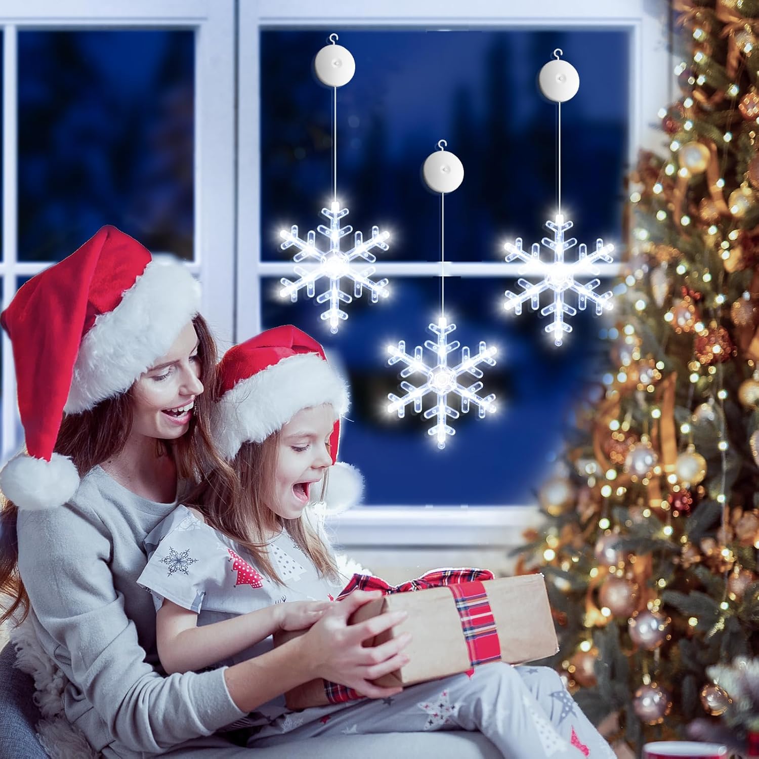 LYUBASA 3Pack Christmas Window Lights Decorations with Timer, Battery Powered Christmas Hanging White Lighted Snowflake Shaped LED Sucker for Xmas Lamp Tree Fireplace Indoor Decor