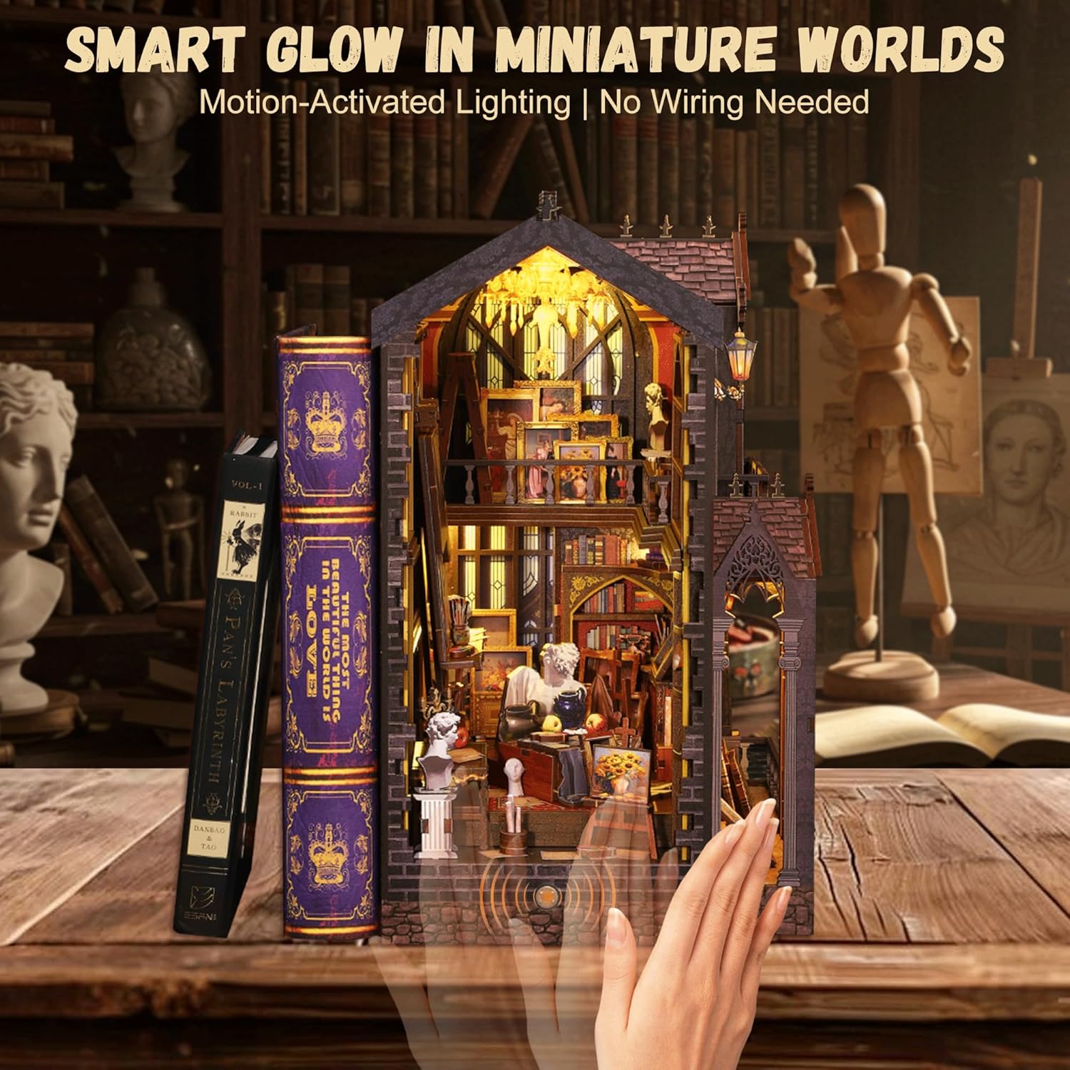 CRIOLPO Book Nook Kit - DIY Doll House Booknook, Book Nook Miniature Kit for Bookshelf Doll Houses for Adults Teen Halloween, 3D Wooden Puzzle Bookends with Sensor Led Light