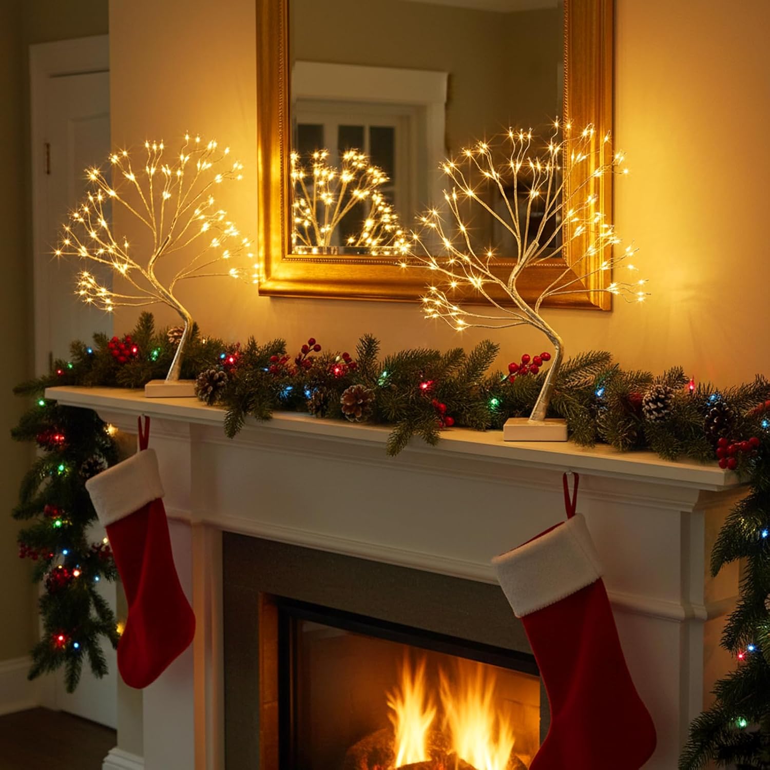 EAMBRITE Home Decorations Light Up White Birch Tree Indoor Christmas Decor, 4 Pack Battery Operated/USB Lighted Tabletop Money Tree Lamp Led Lights Xmas Wedding Centerpiece Table Room (2 Ft)