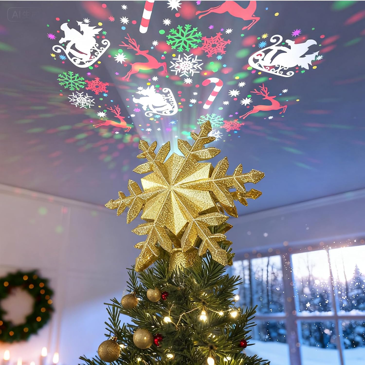 DG-Direct Christmas Tree Topper Lighted with Golden Snowflake Projector, Led Rotating Magic Snowflake, 3D Hollow Glitter Lighted Gold Snow Tree Topper for Christmas Tree Decorations