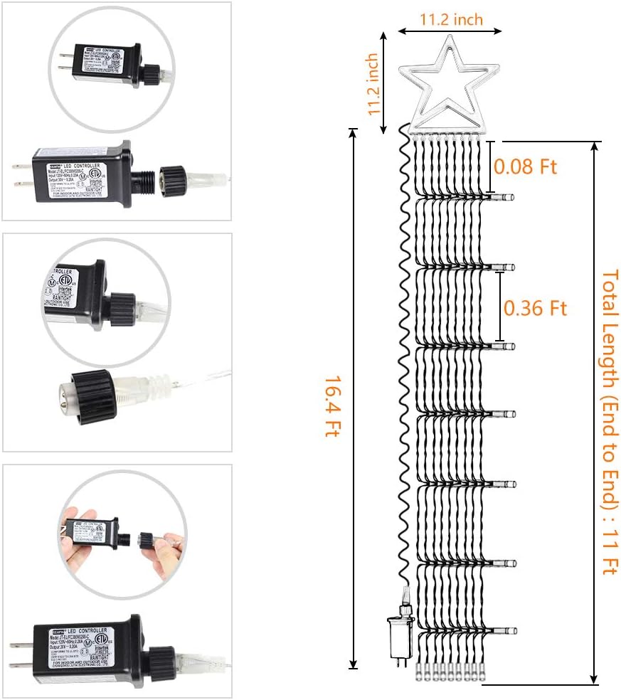 PUHONG Christmas Lights, Decorations Star Lights, 320 LED Christmas Tree Lights Outdoor, 16.4Ft String Lights, 8 Light Modes with 12 Lighted Star for Xmas New Year (Iron-Multicolor)